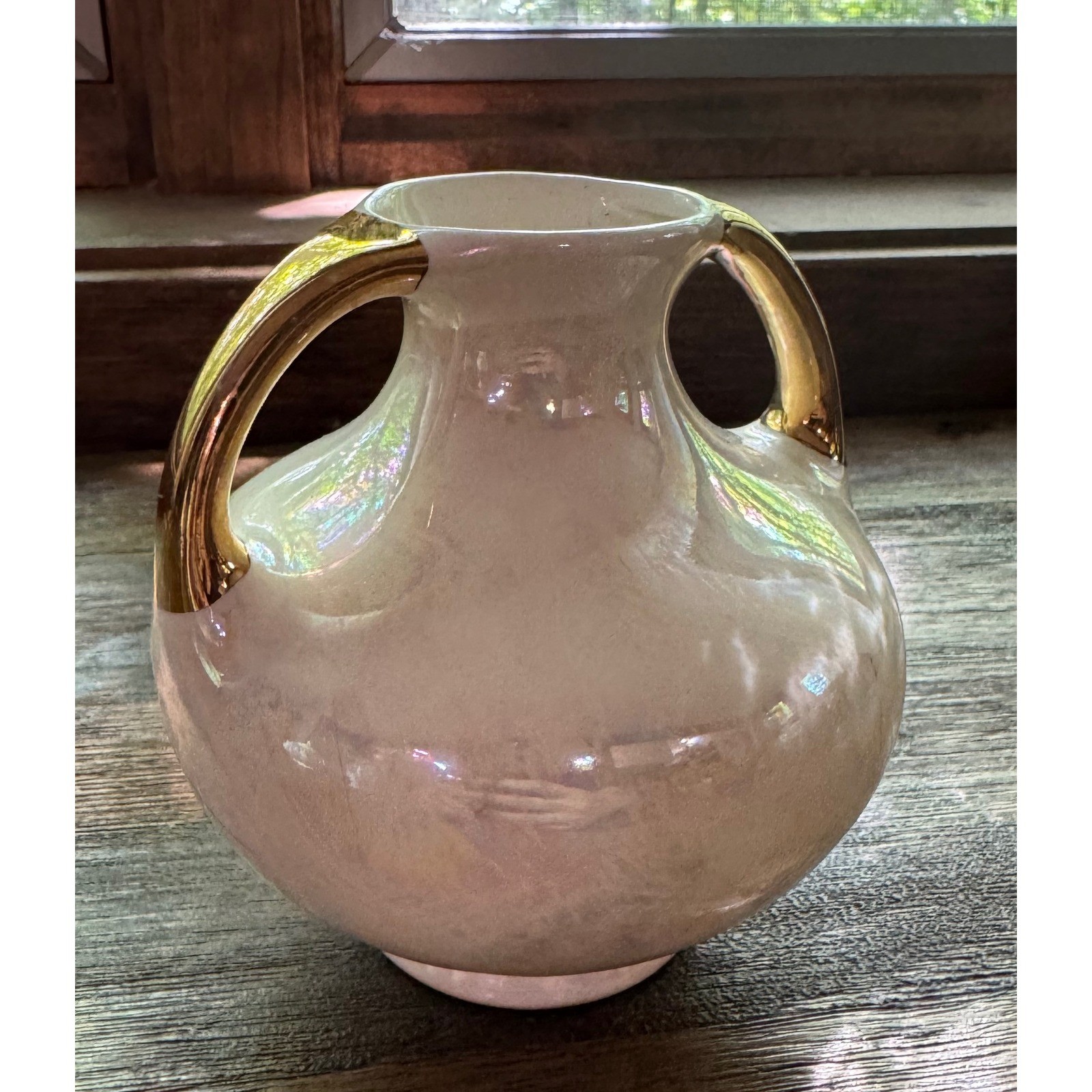 Pioneer Pottery Co Iridescent Pearl Vase 22K Gold Vintage USA Made 4.75in