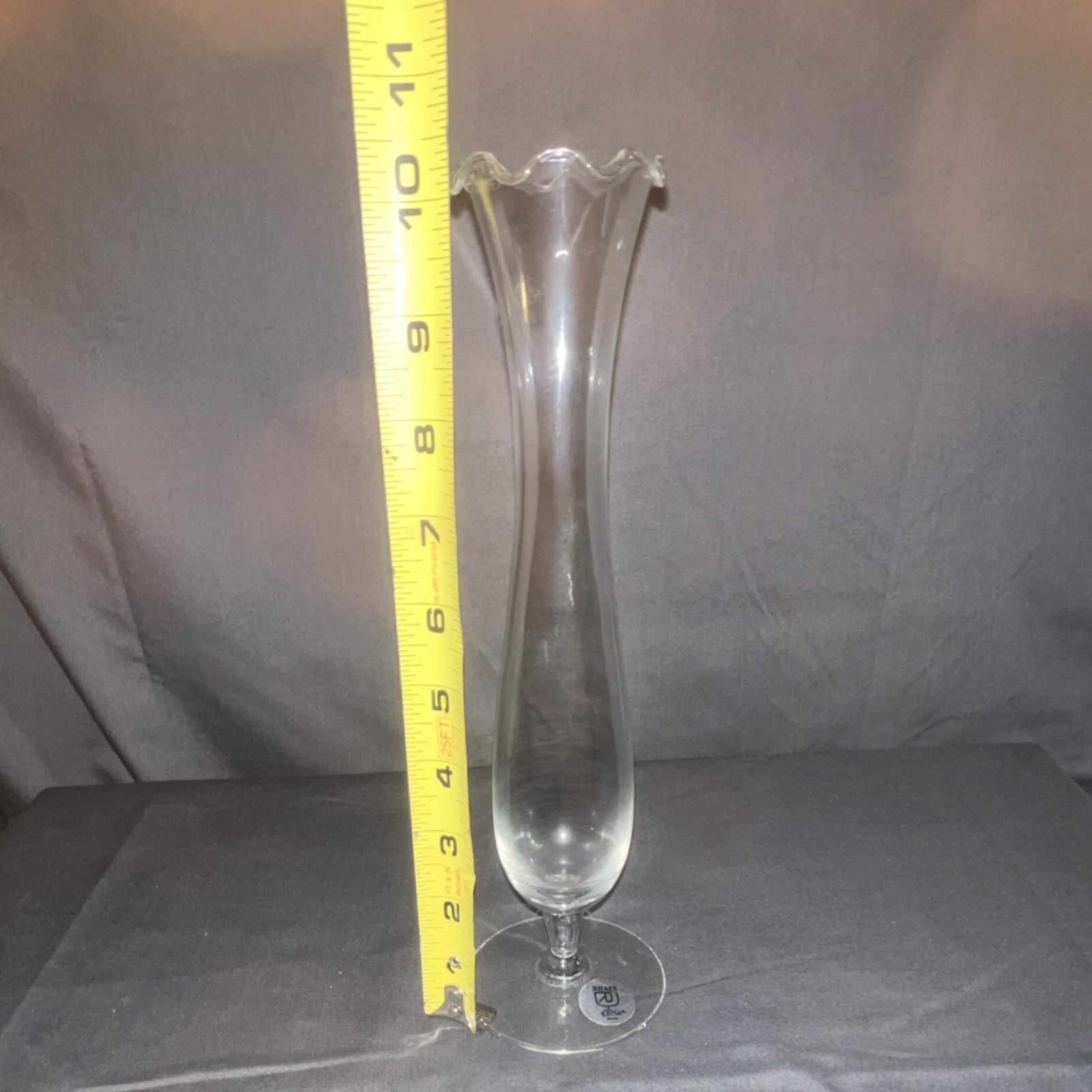 RCR Clear Glass Ruffled Rim Trumpet Vase 11 in Tall Art Glass Italy