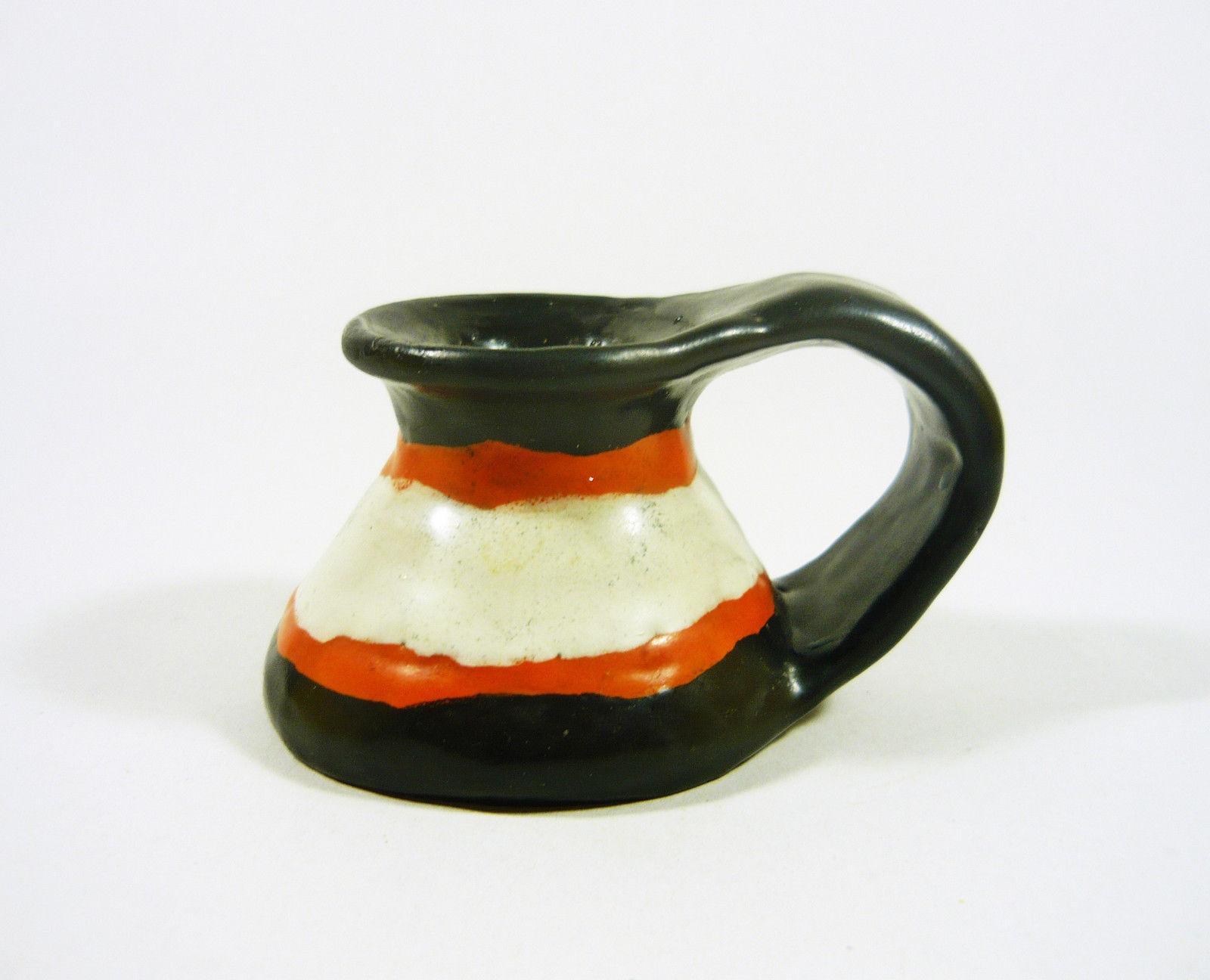 GORKA LIVIA, BLACK, RED & WHITE CANDLE HOLDER 3″, 1950’S ART POTTERY ! (G399)