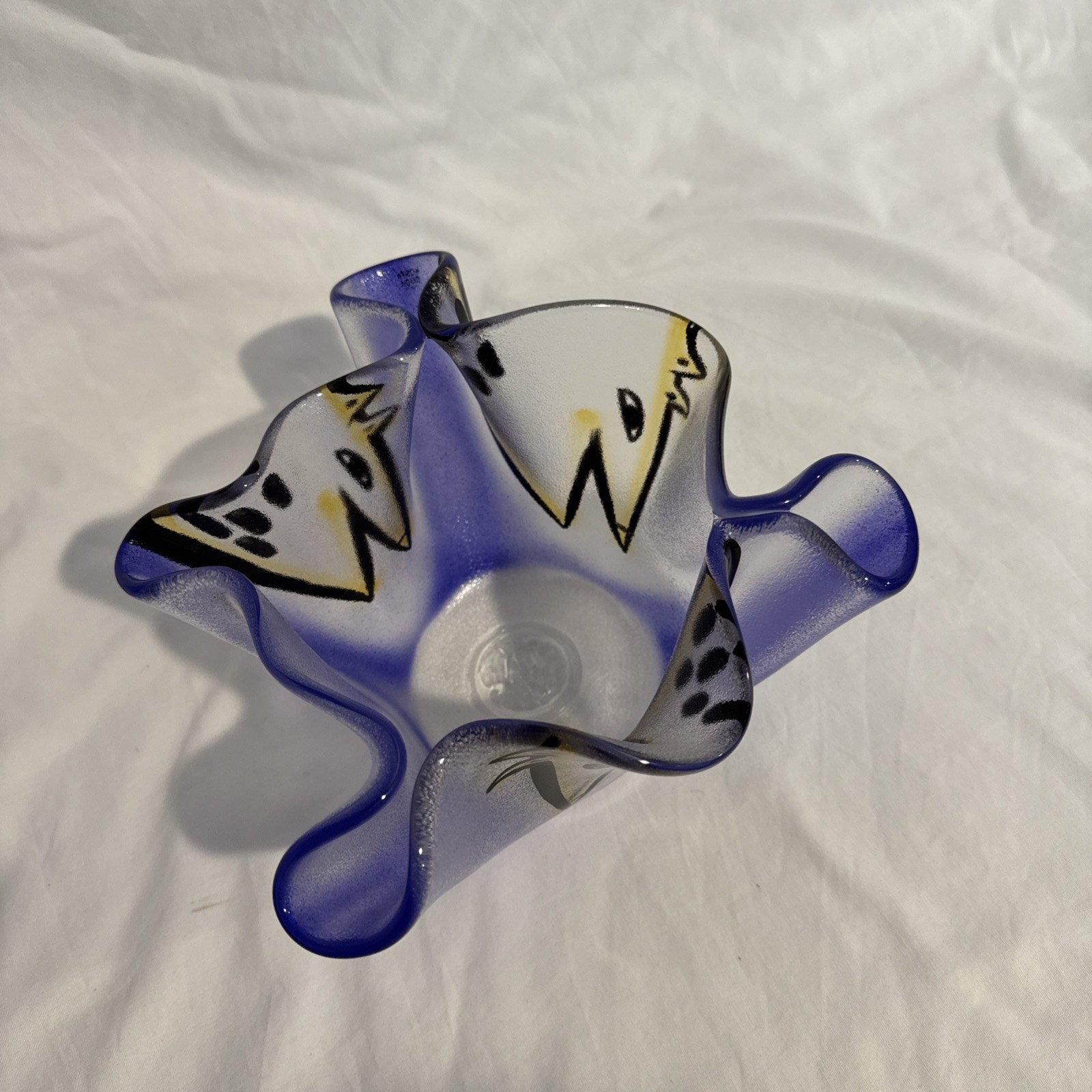 Kosta Boda Ulrica Hydman Vallien Blue Yellow Dog Puppy Vase 1990s Signed