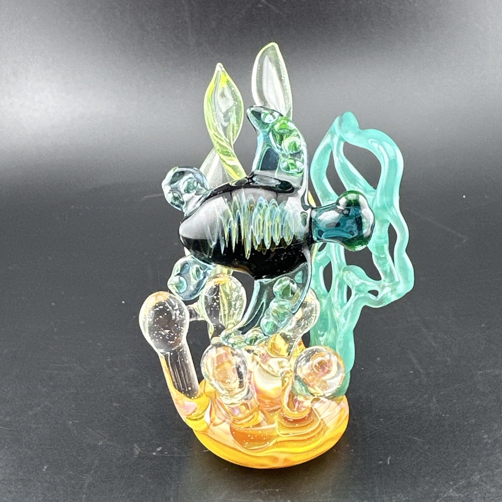 Handblown Uranium Glass Art Sea Turtle Coral Reef Sculpture UV Reactive Colors!