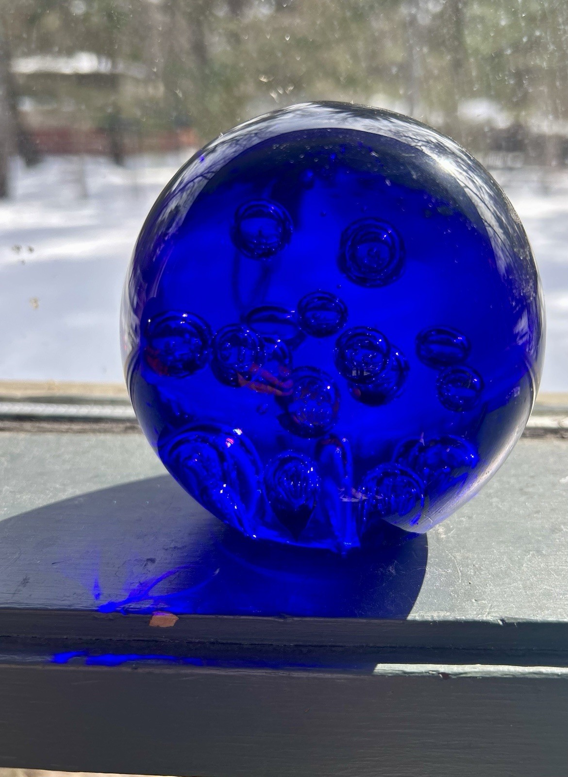 Vintage Cobalt Blue Glass Paperweight Controlled Bubbles 2 Lbs. 11 Oz. 4”