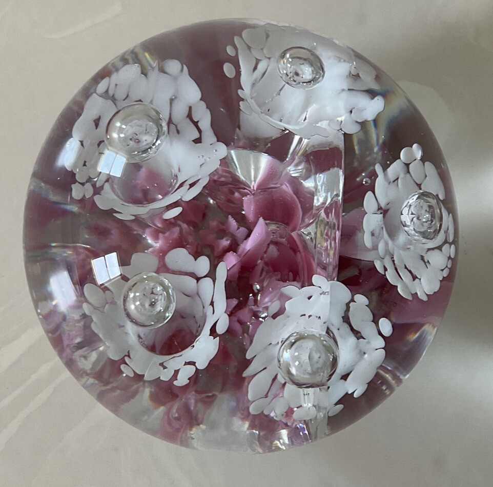 Elwood Pink White Trumpet Flowers Controlled Bubble Art Glass Paperweight AS IS