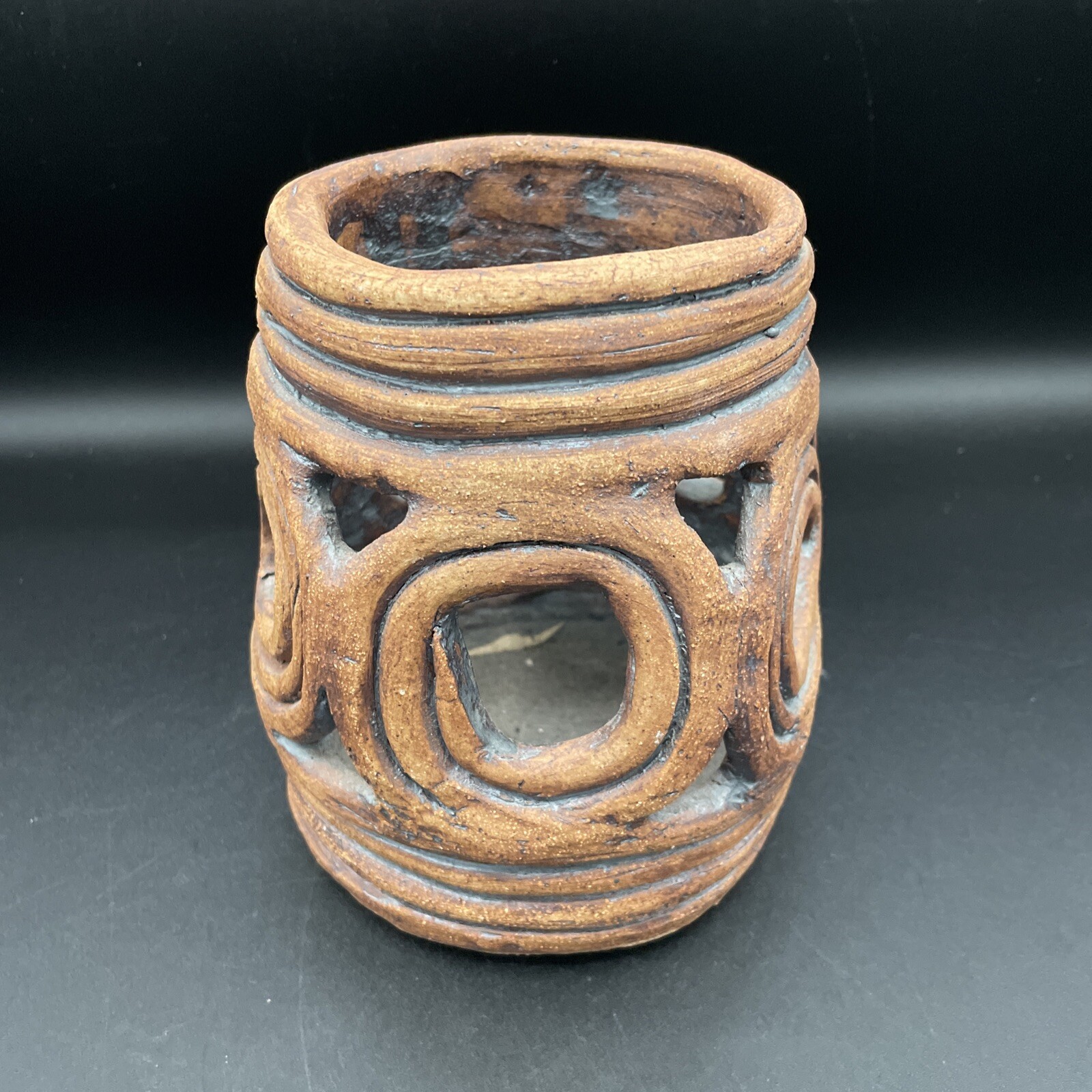 Vintage Brutalist Art Pottery Clay Coil Vessel Brown Primitive Vase