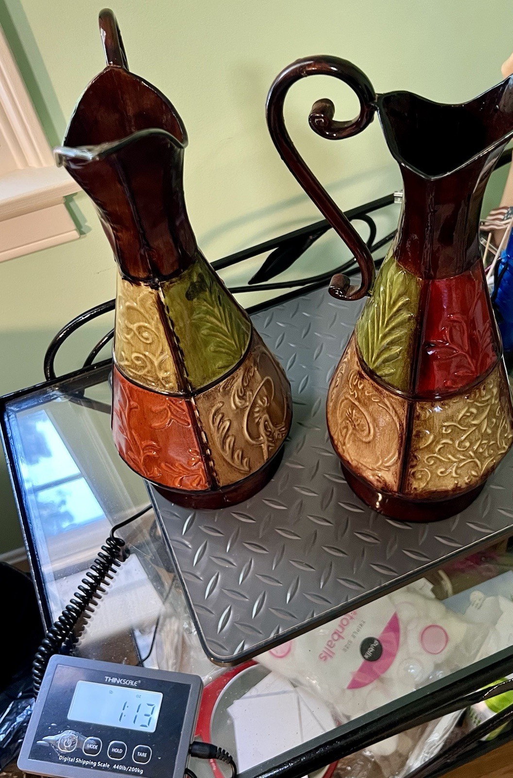 Italian Vintage 1970s Set Of 2 Decorative Ceramic Ewers Multicolor Glaze, 8×15”