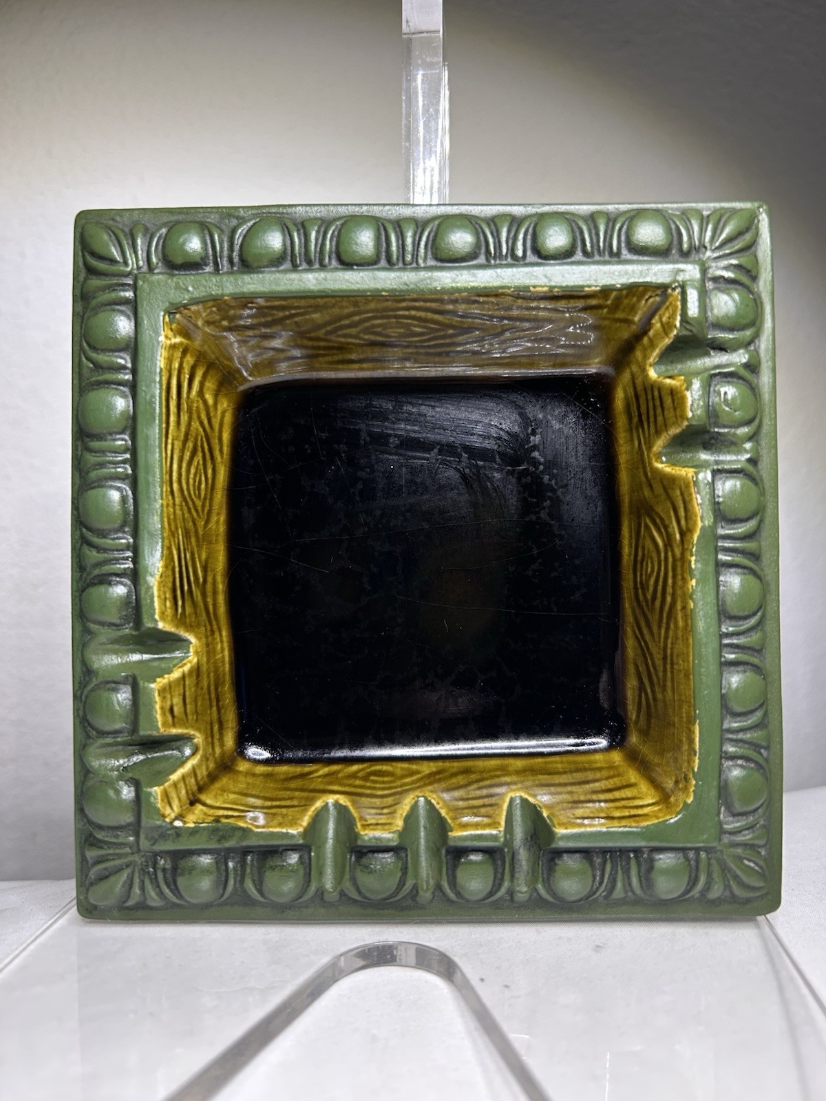Vintage MCM Square Ashtray California Pottery USA 573 ~ Harvest Gold Green 2573