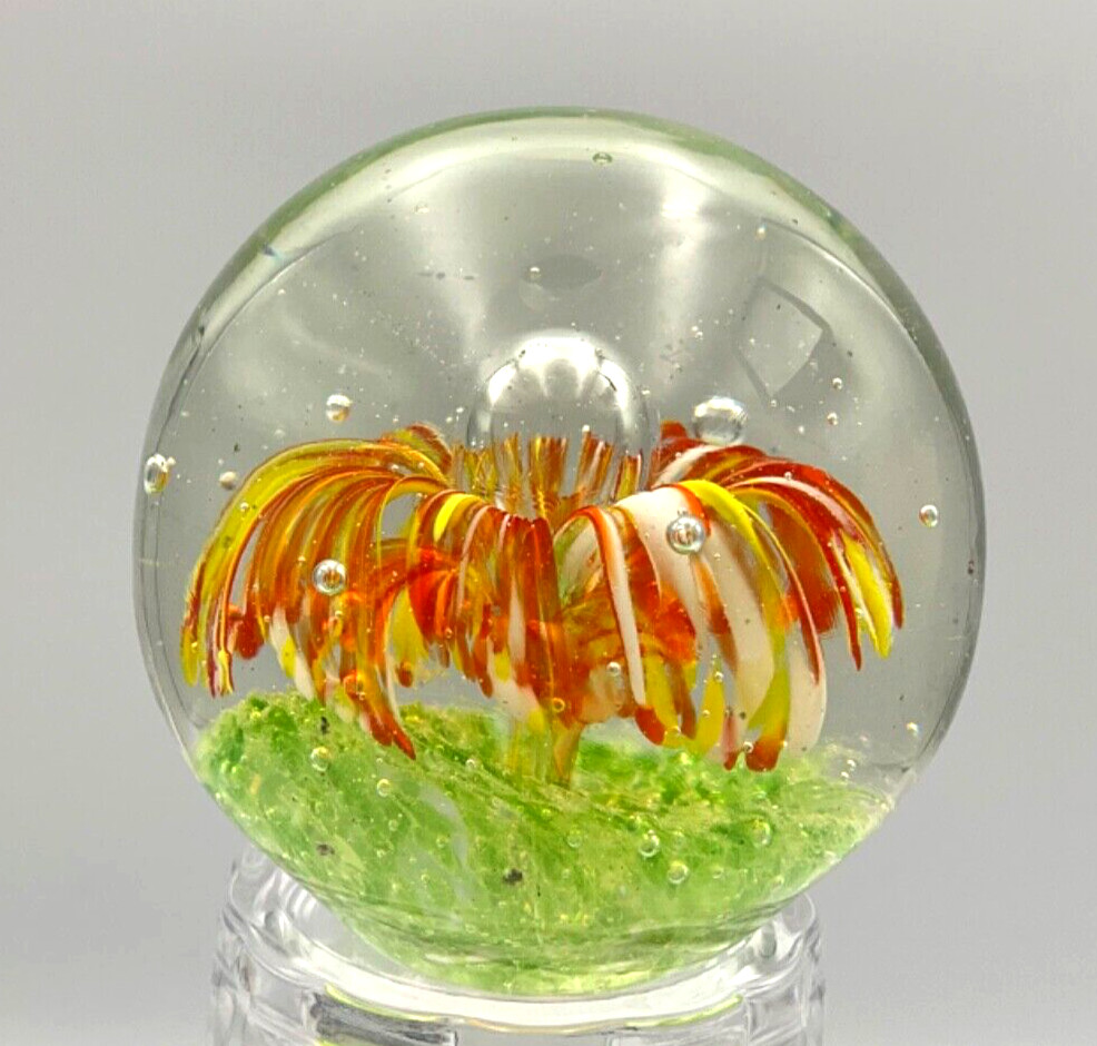 Glass Blown Art Glass Orange and Yellow Abstract Blooming Flower Paperweight