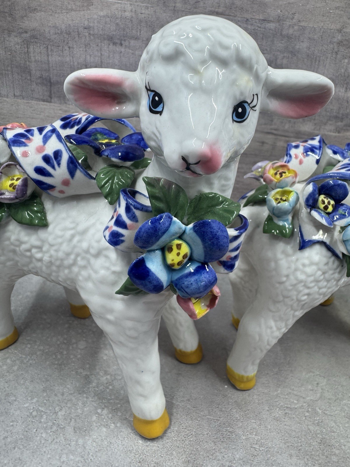 Vintage Porcelain LAMB Figurine Hand-Painted Flowers Capodimonte Style Set Of 2