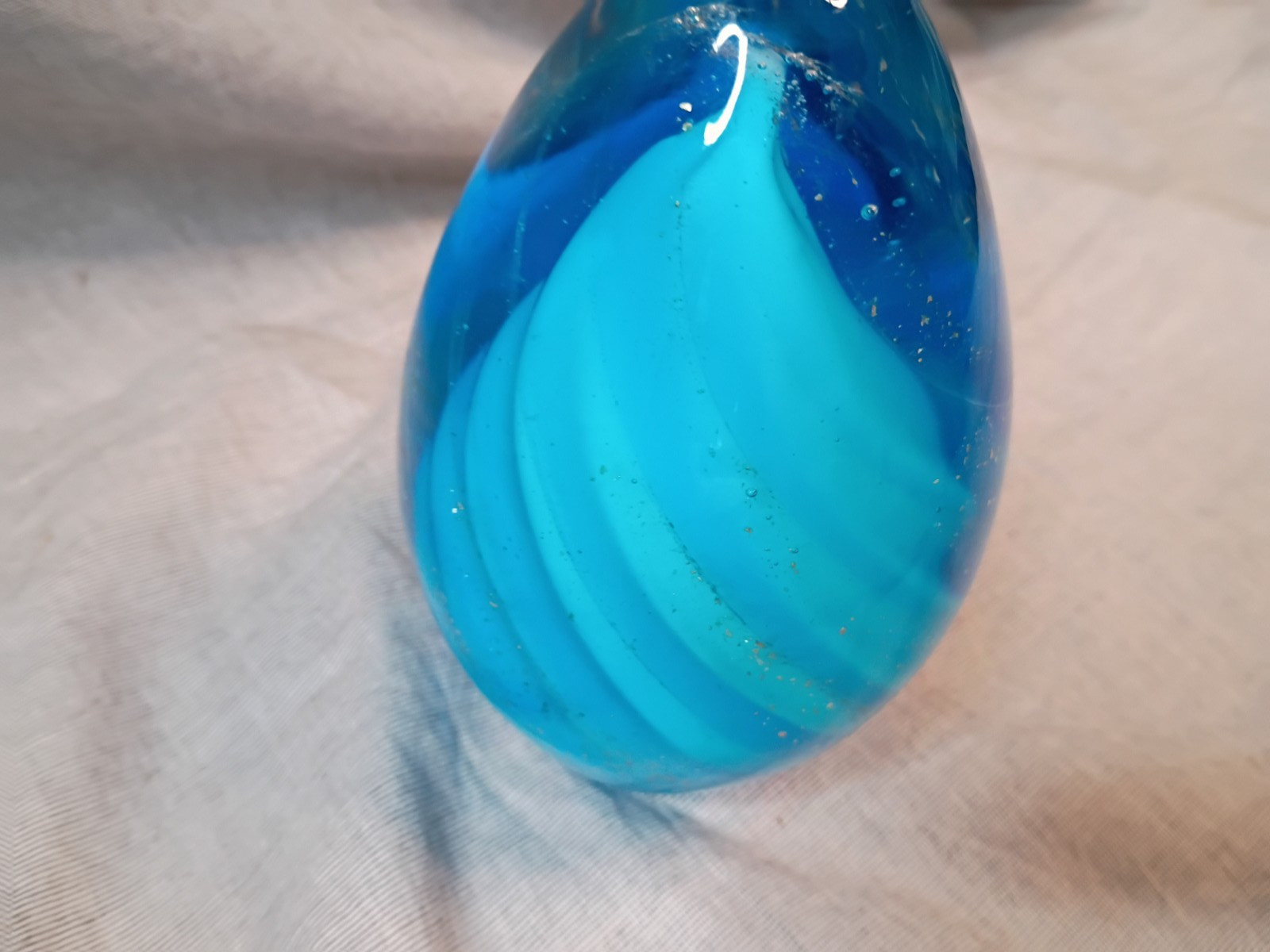 Murano Baby Blue, White, and Gold Swirl Glass Egg Paperweight Heavy Italy