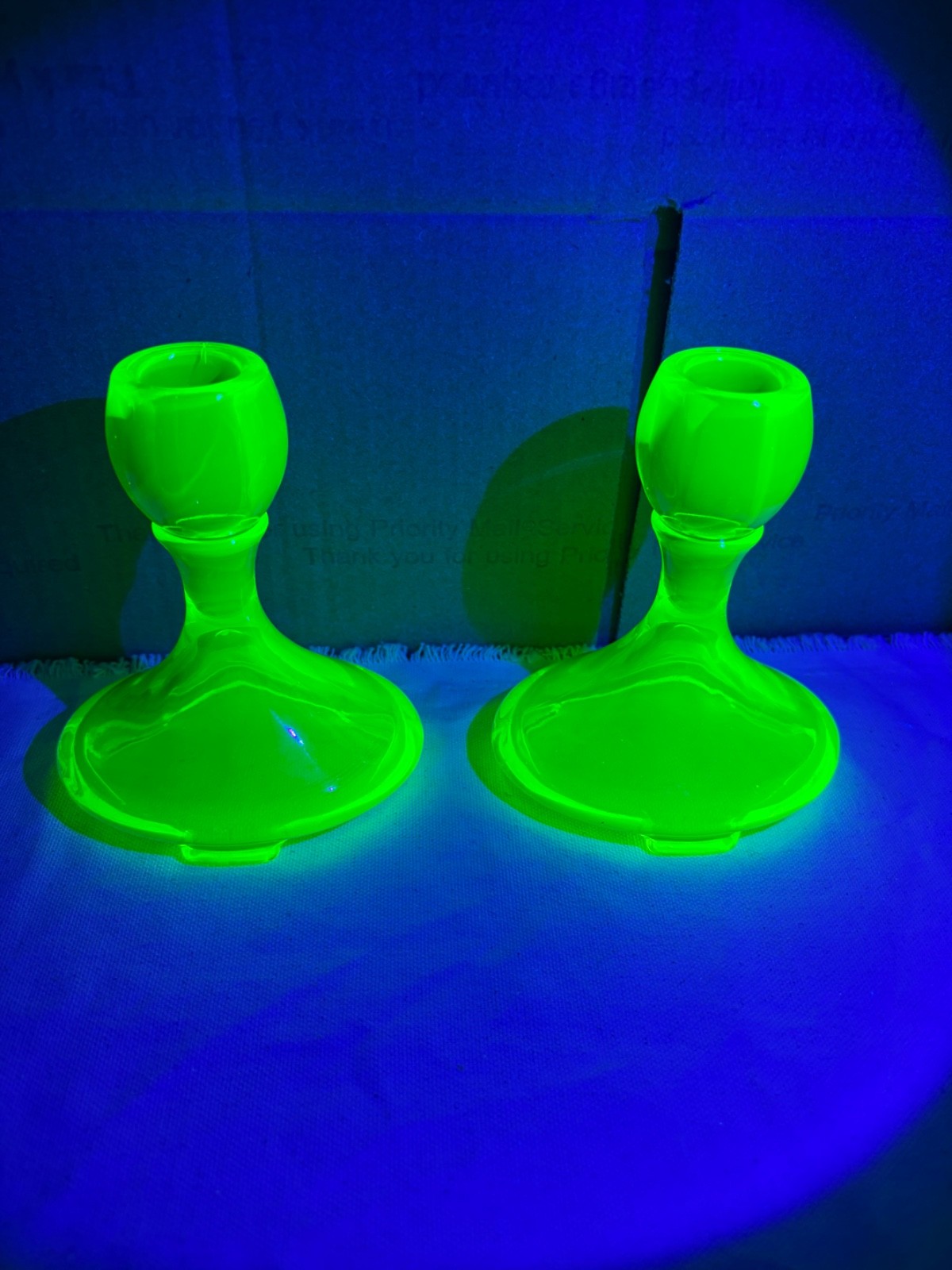 Vintage Fostoria candlestick pair URANIUM GLASS canary yellow vaseline
