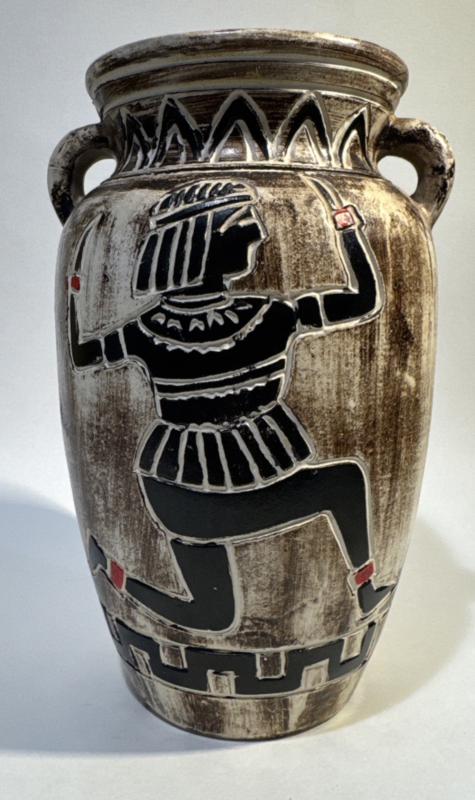 Vintage Mid Century Egyptian Revival Japan Pottery Amphora Vase 8” Double Handle
