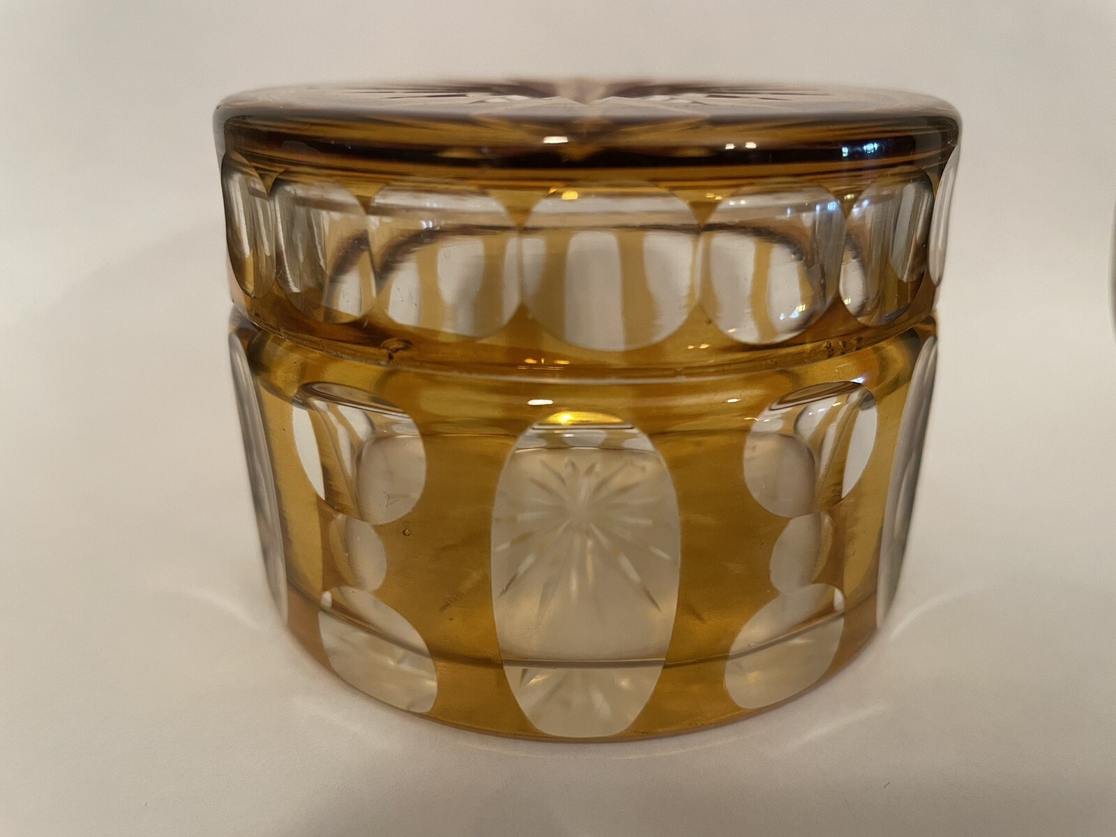 Art Deco Bohemian Czech Amber Cut To Clear Glass Lidded Trinket Box