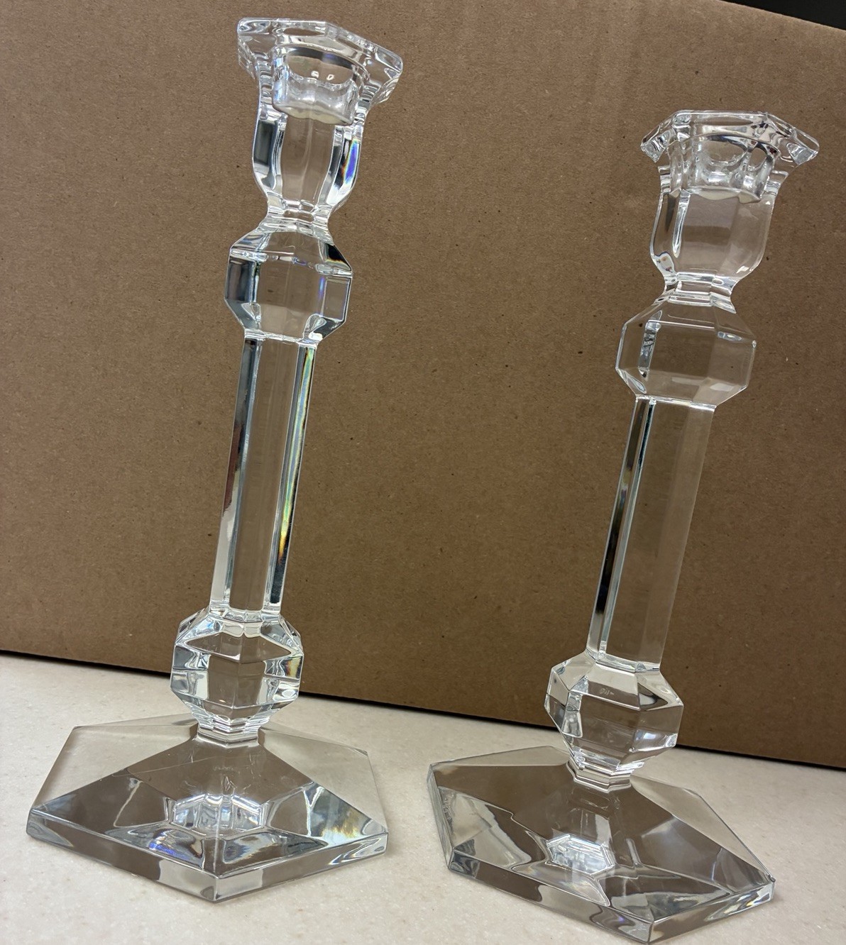 Pair of Val St Lambert Belgian Signed Cut Lead Crystal Geometric Candlesticks 9”