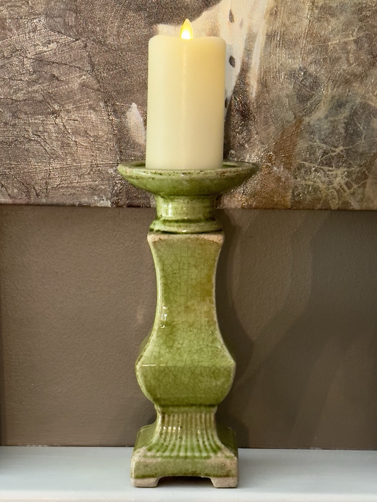 Chartreuse Chunky Green Crackle Glazed Ceramic Pillar Candle Holder 12.5″