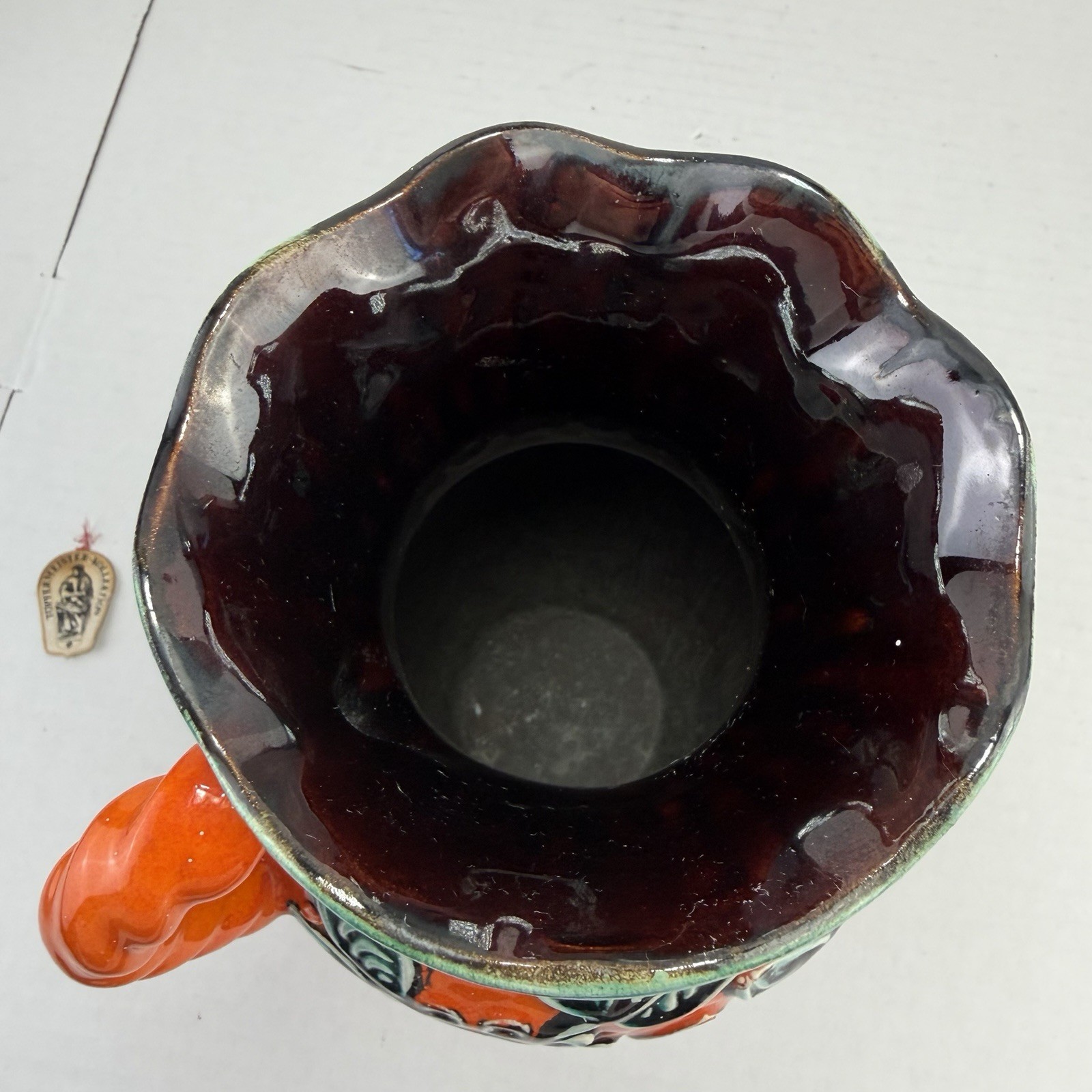 VTG Bay Keramik West German Handled Vase Art Pottery Orange Turquoise 10” 63 25