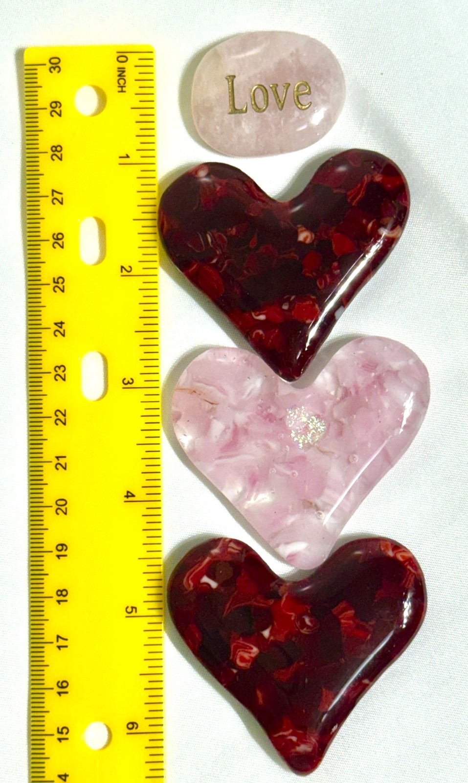 3 Hand Made Art Glass Hearts + 1 “Love” Inscribed Rose Crystal Stone #686