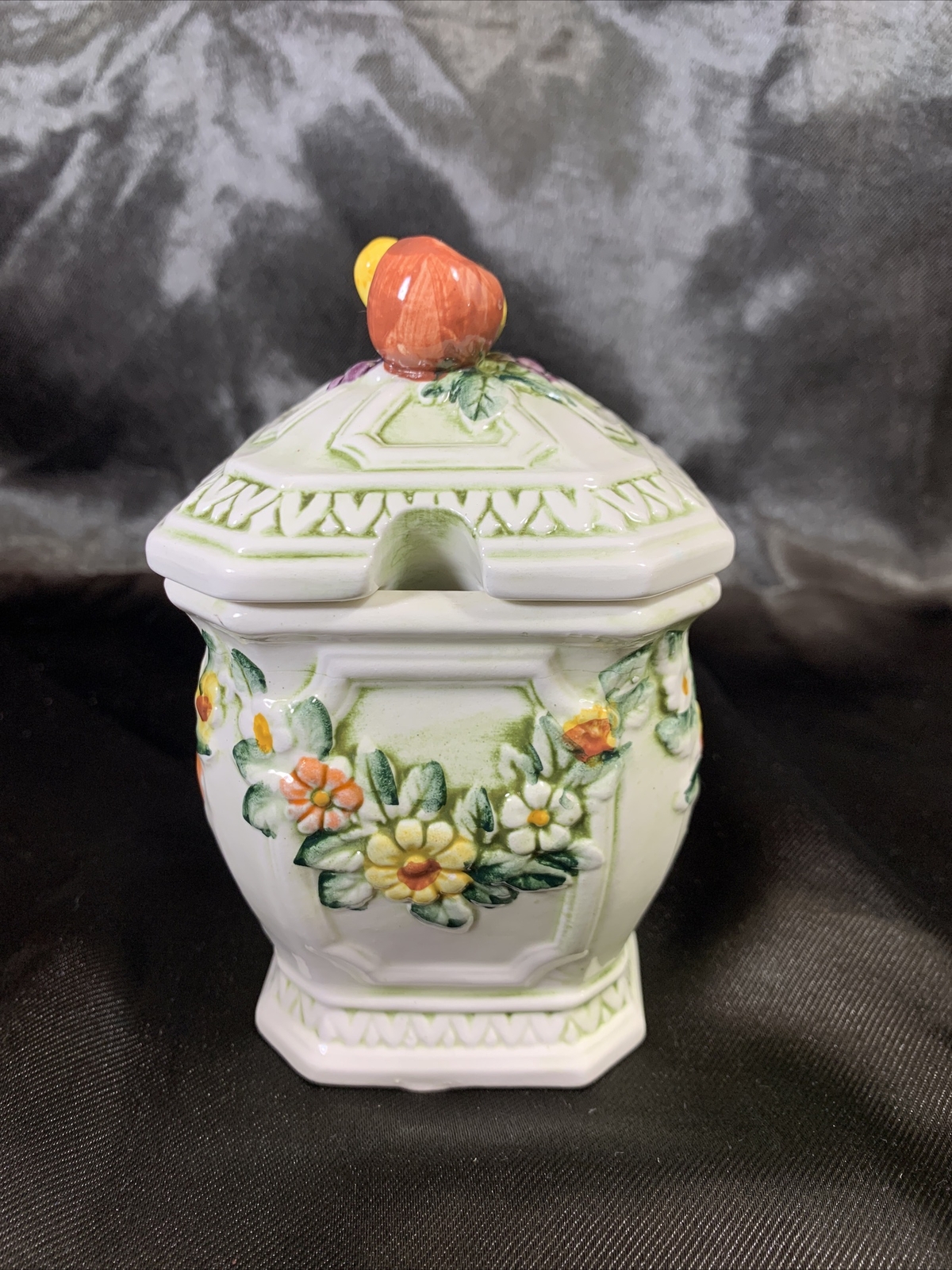 Lefton #6727 Fruit Fantasia 1/2 Qt 6” Lidded Canister With 3D Flowers & Fruits