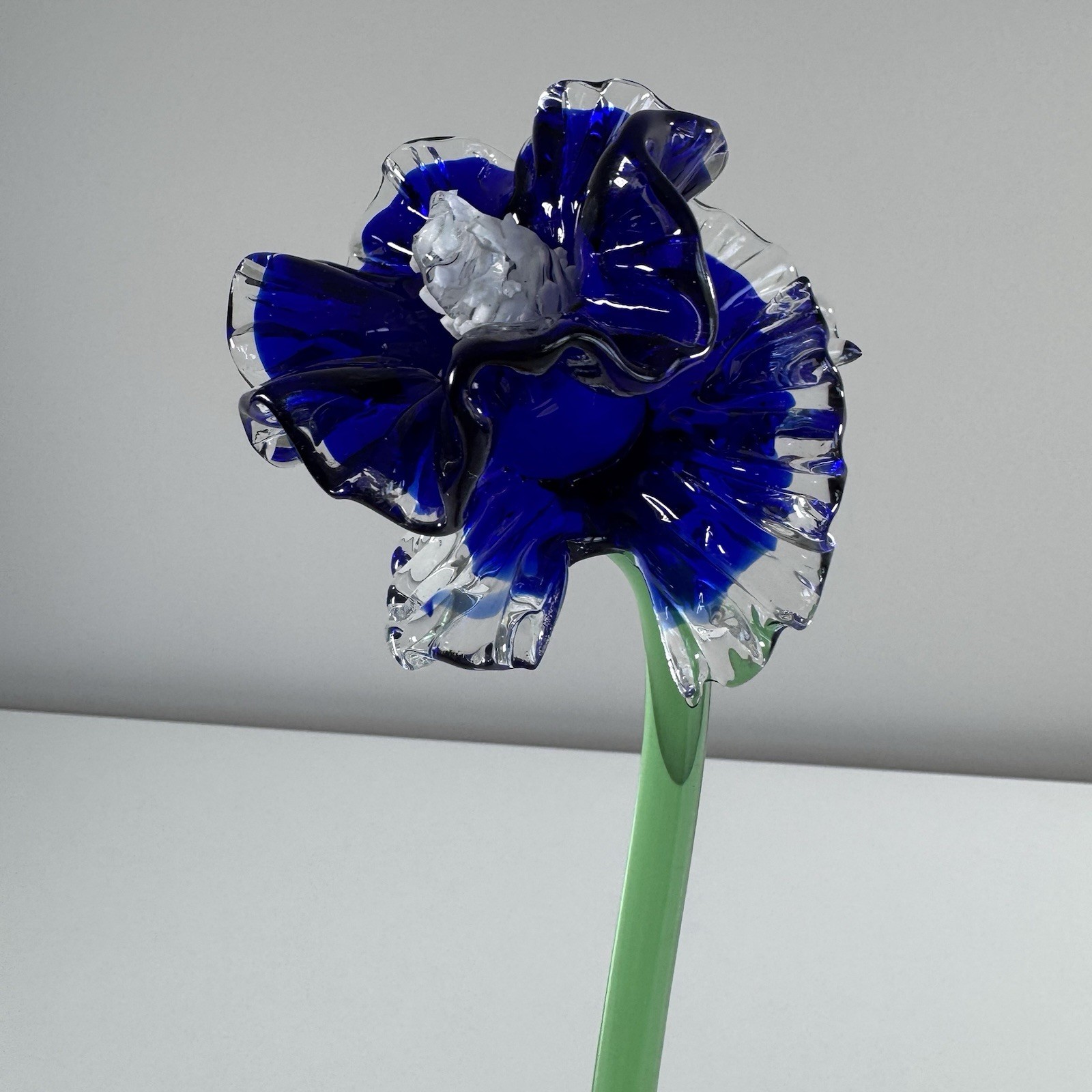 Hand Blown Flower Art Glass Murano Style Blue Long Stem Glass Flower 14”