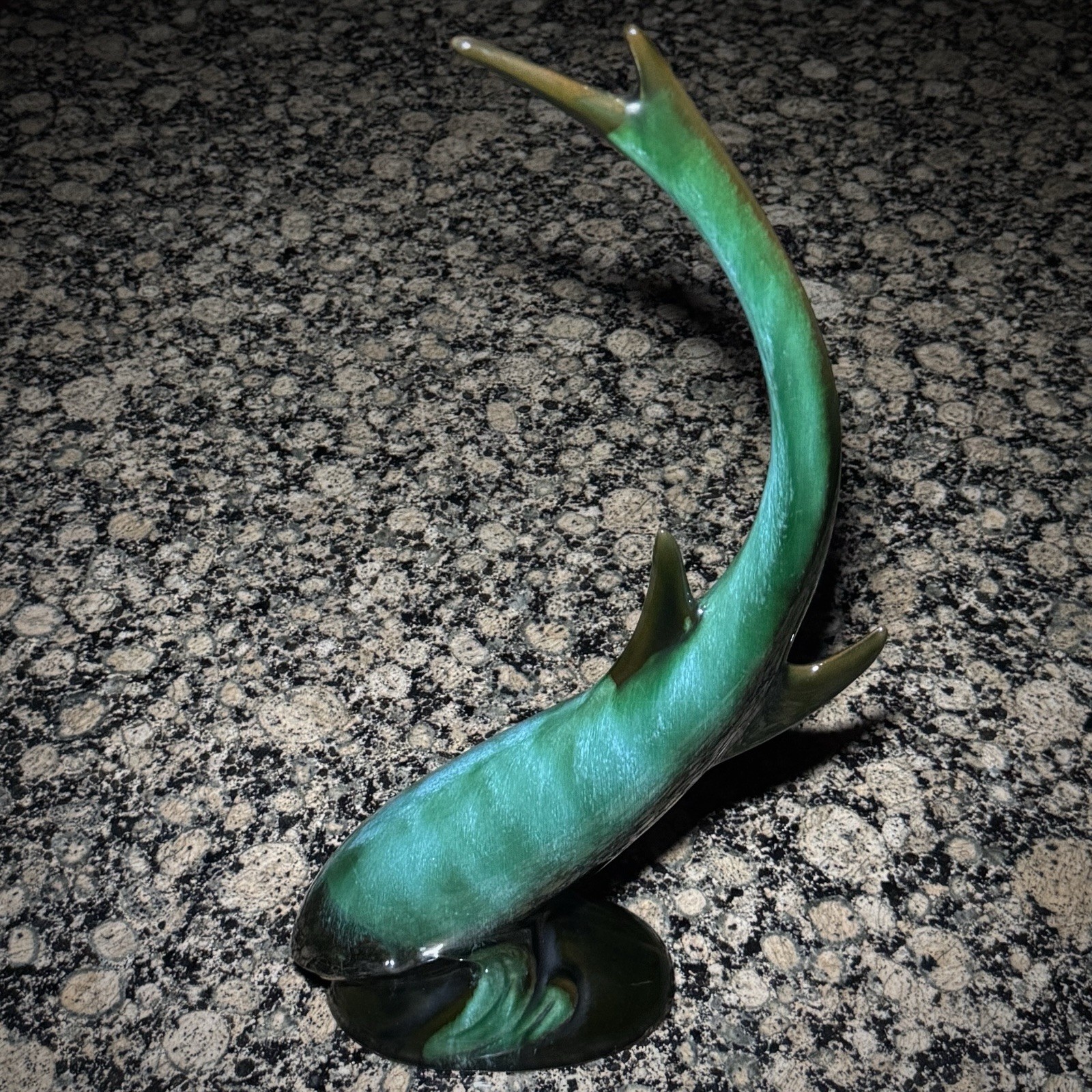 Vintage Blue Mountain Pottery Tall Fish Figurine Blue Green Glaze RARE