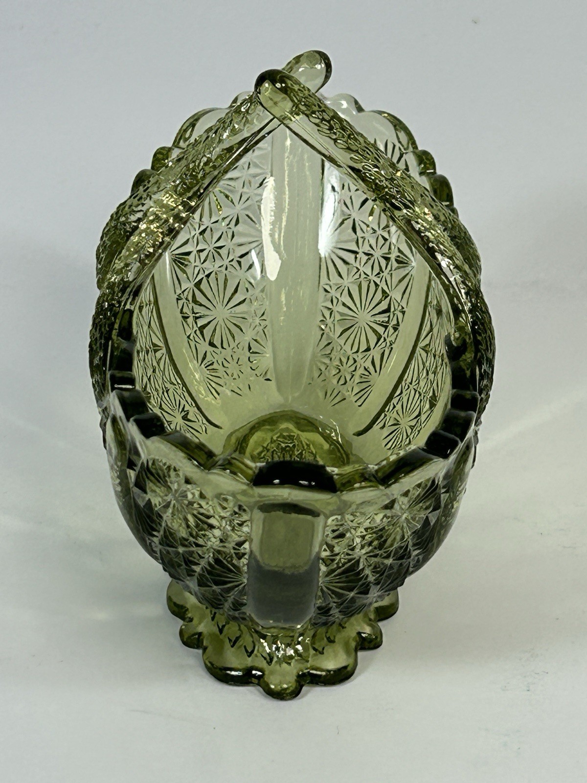 Fenton Art Glass Colonial Green Daisy and Button Split Twig Handle Glass Basket