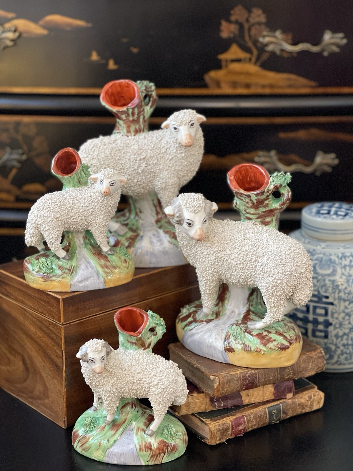 Set 2 Antique Russet English Staffordshire Sheep Lamb Ram Ewe Spill Vase 5/7.25”