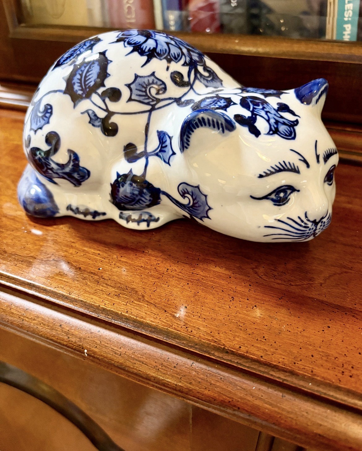 Ceramic Cat Figurine Blue White Floral Pottery Glossy Decorative Collectible