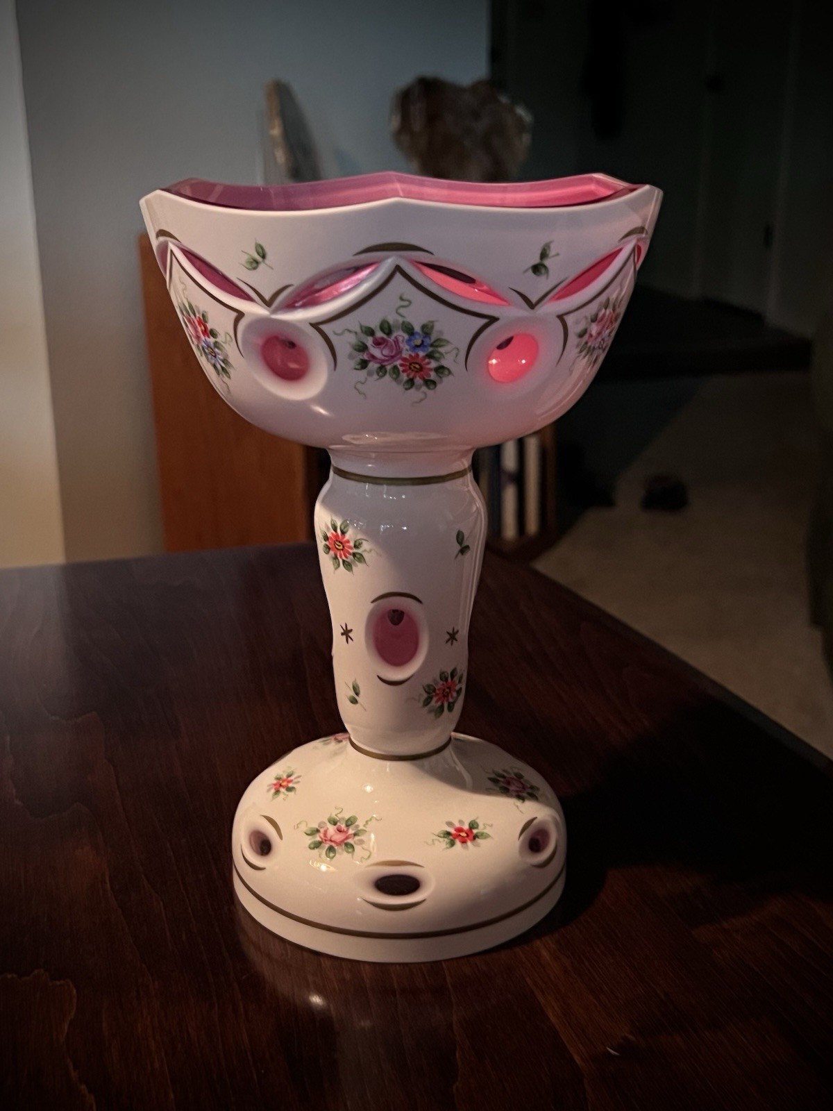 Bohemian Czech Moser Glass Cased White Cut To Cranberry Pedestal—9.75”