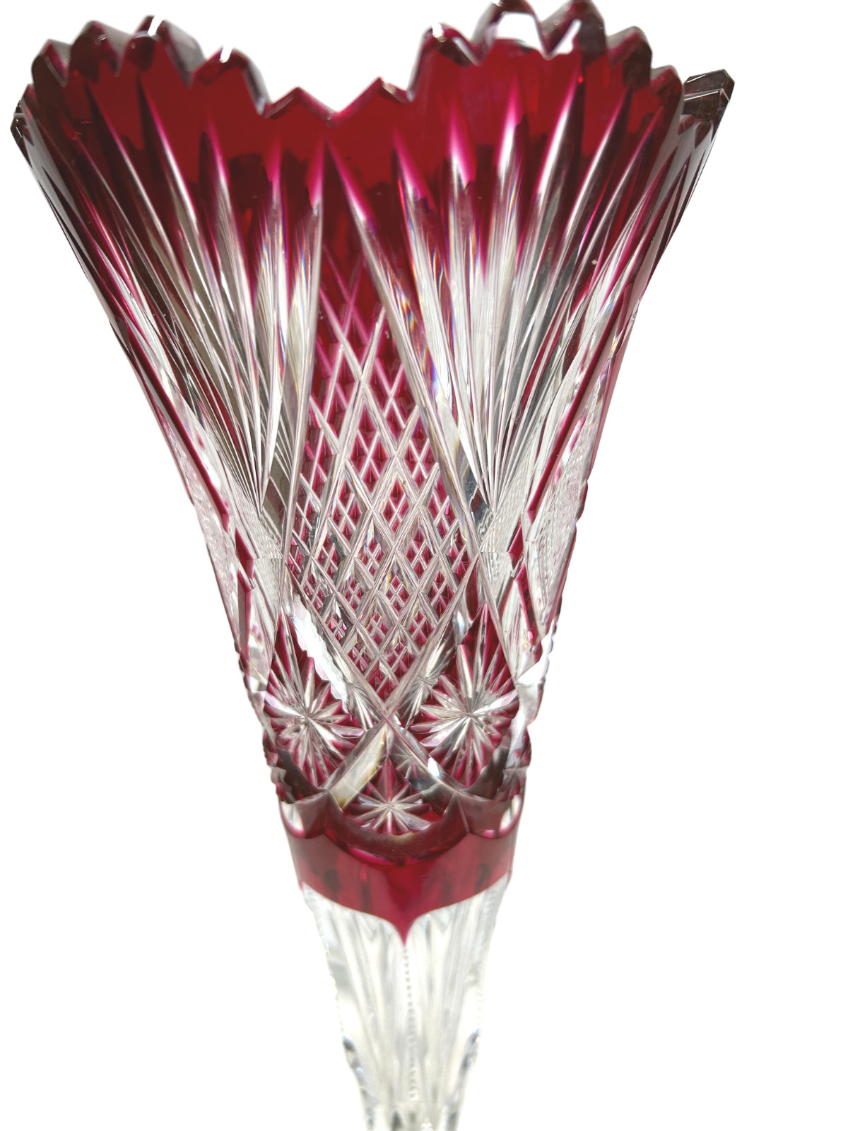 1900s Libbey Brilliant Period Cranberry Cut to Clear Harvard Pattern 14″ Trumpet