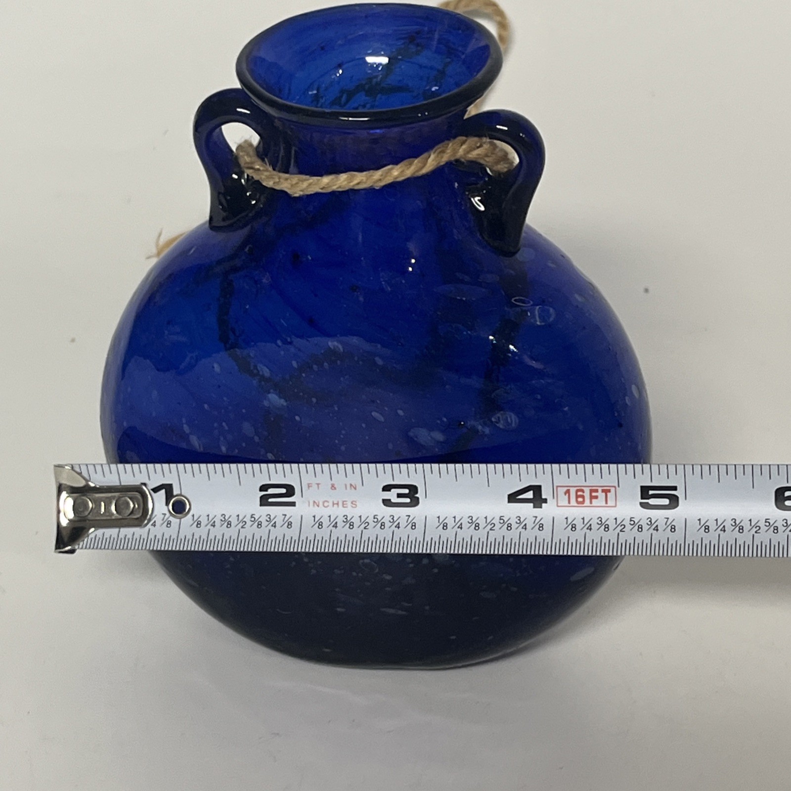 Hand Blown Blue Glass Hanging Vase Suspendable Art Made In Egypt Vintage 5 1/2″T