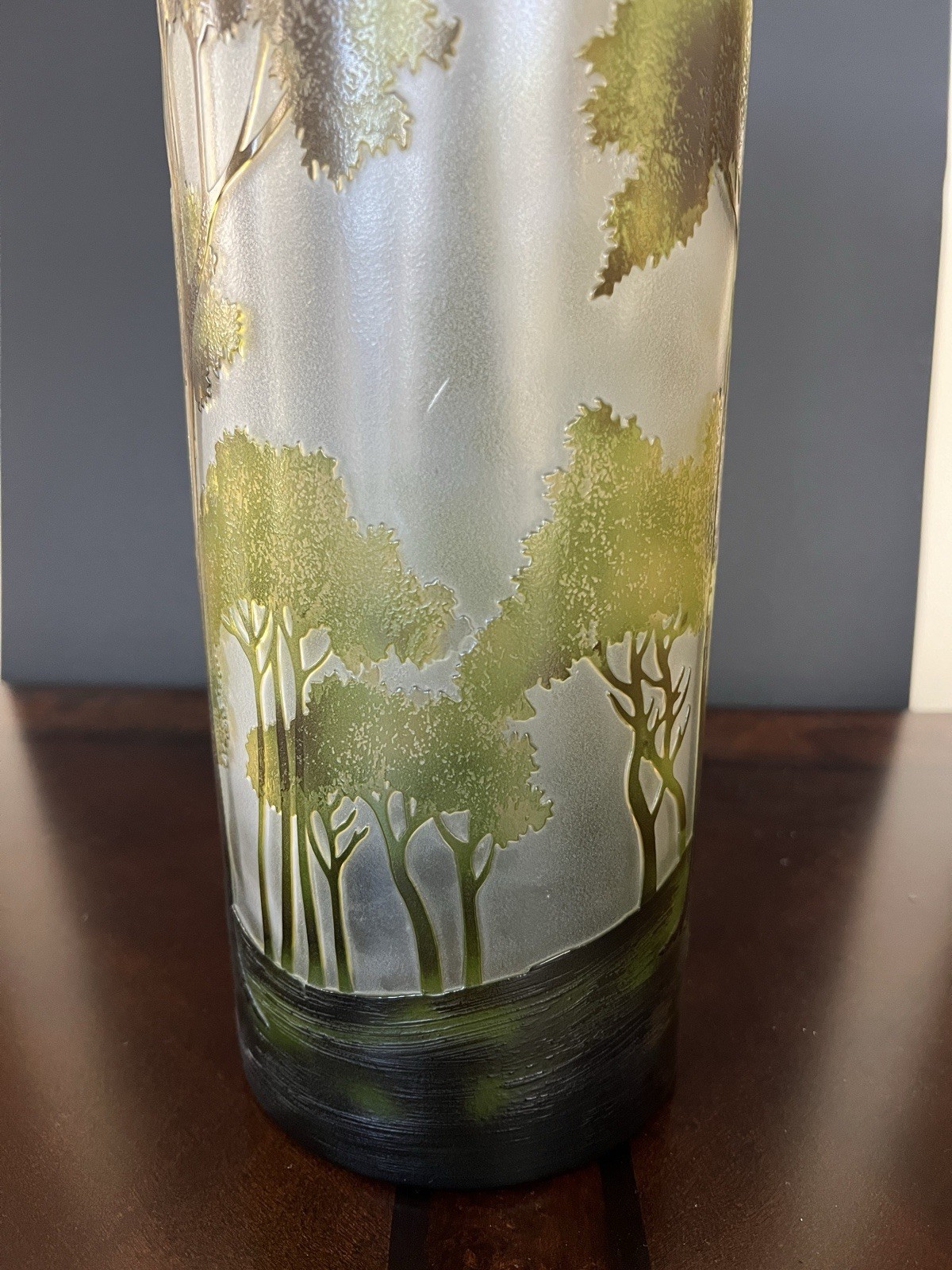 Vintage Mid-20th C Cameo Glass Vase Forest Landscape Gallé Style Large 15”