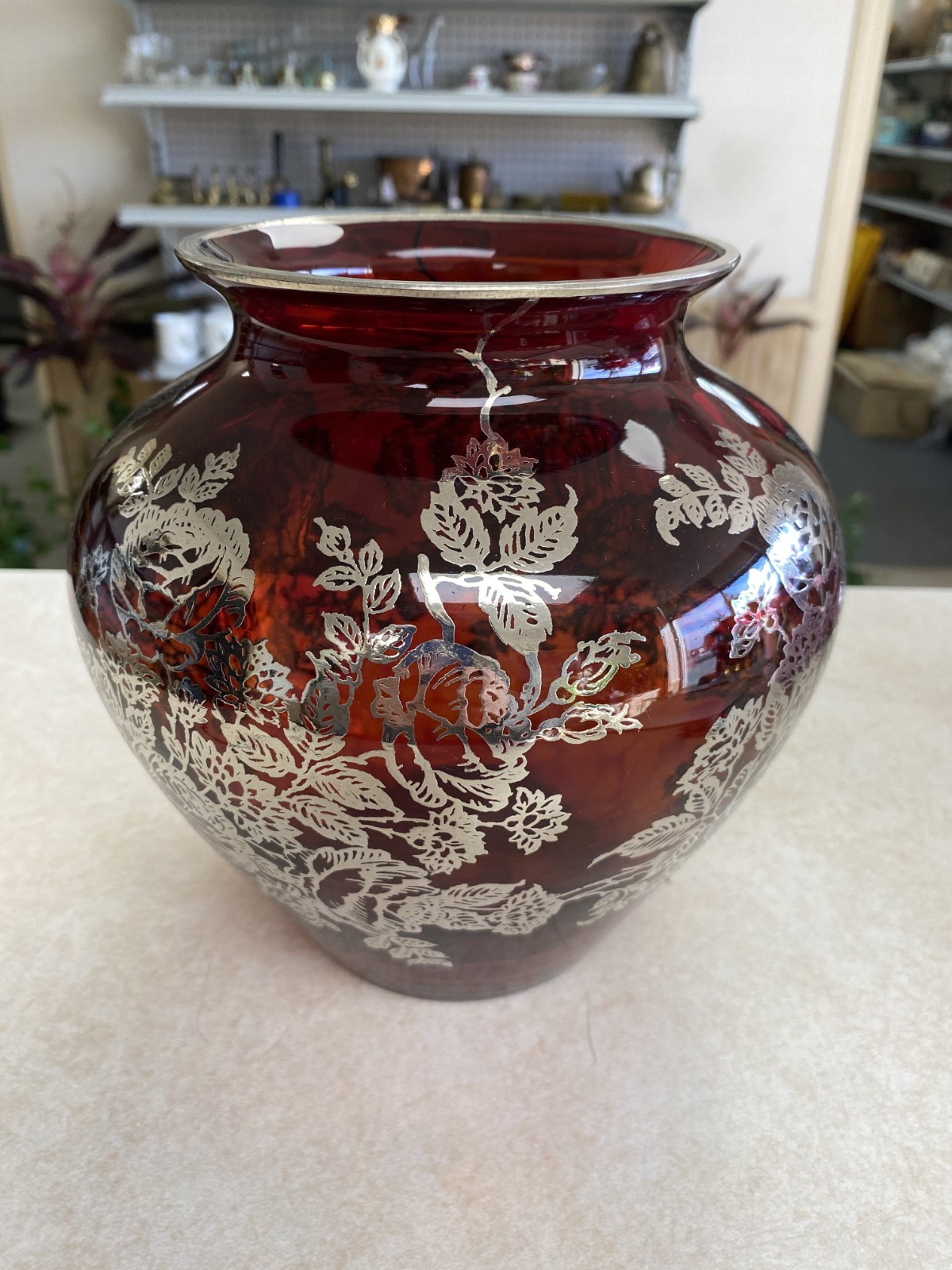 Ruby Red glass 8″ vase with silver overlay Made in USA 1938-1945