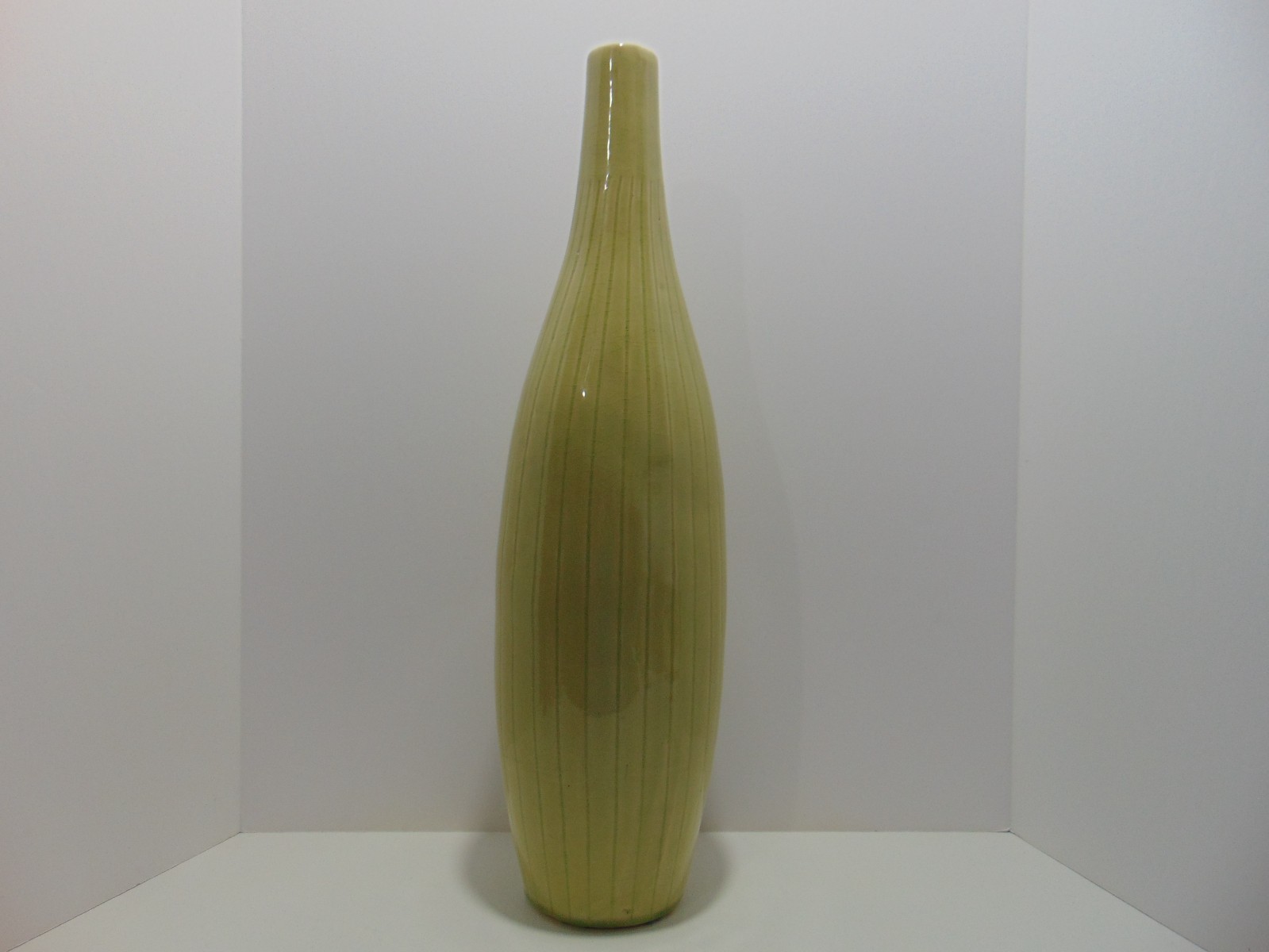 Large Green Striped Narrow Neck Pottery Vase With Crackle Glaze
