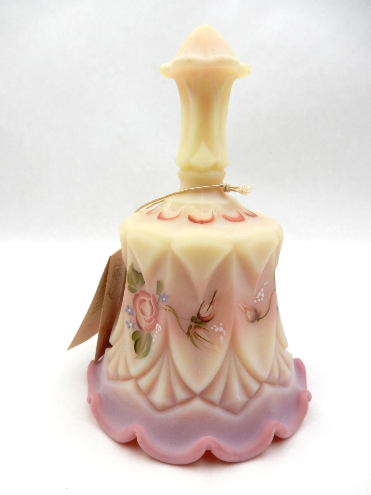 FENTON BURMESE URANIUM GLASS WHITTON ROSE BELL HAND PAINTED L. EVERSON NEAR MINT