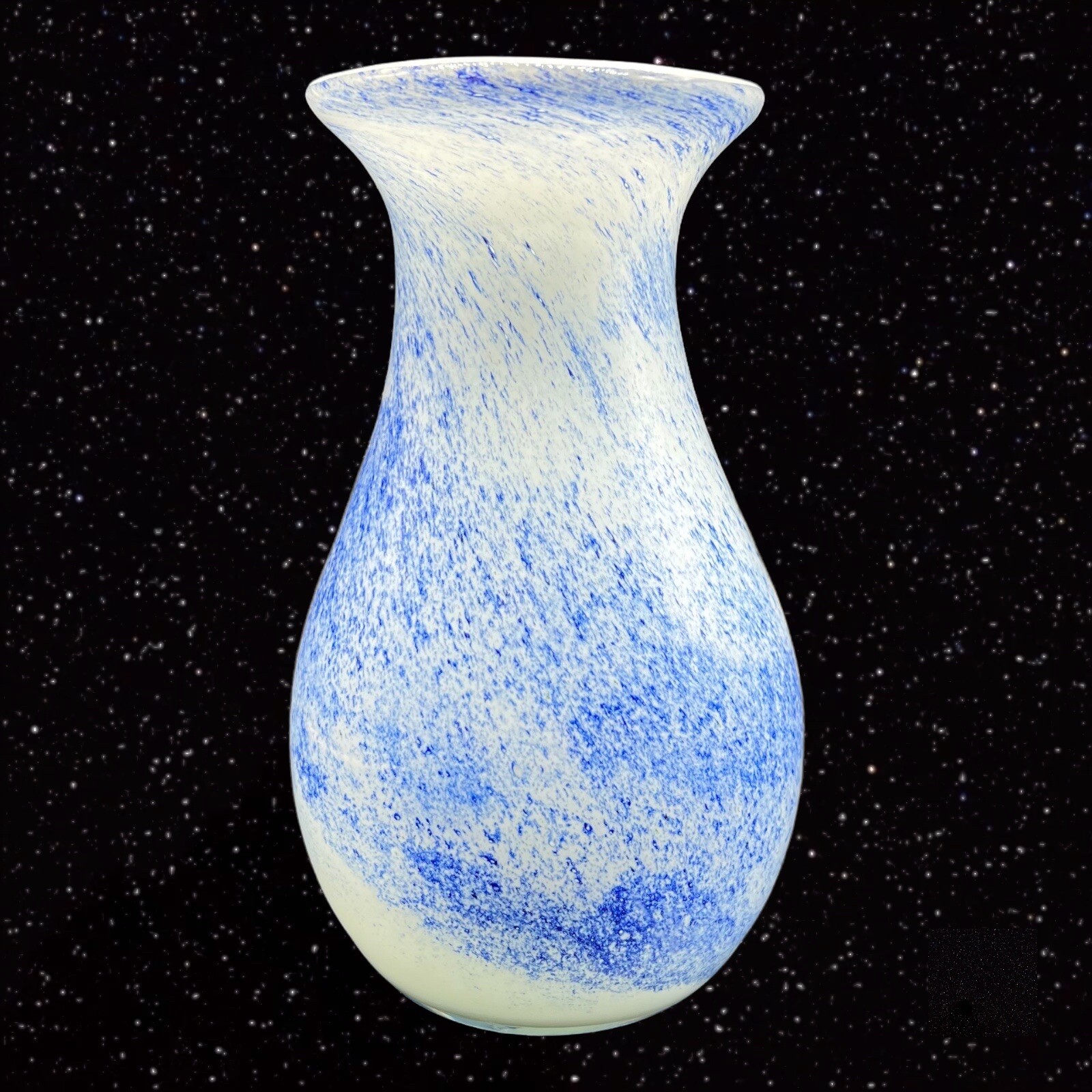 Art Glass Vase Splashed Multicolor Dots Blue White Cased 8”T 3.5”W