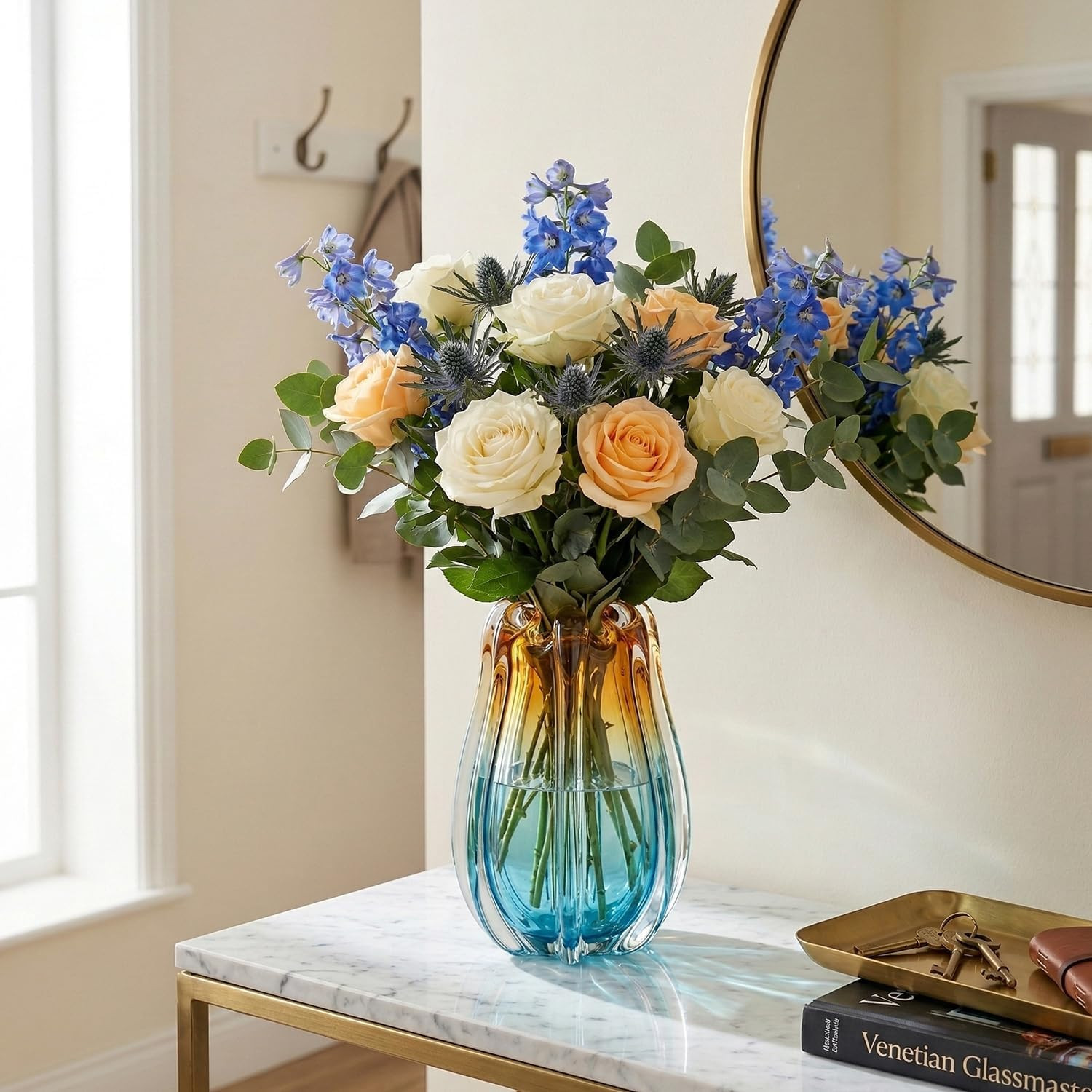Hand Blown Glass Vase for Flowers, 9.45″ Unique Murano Style Art Glass Vase, Flu