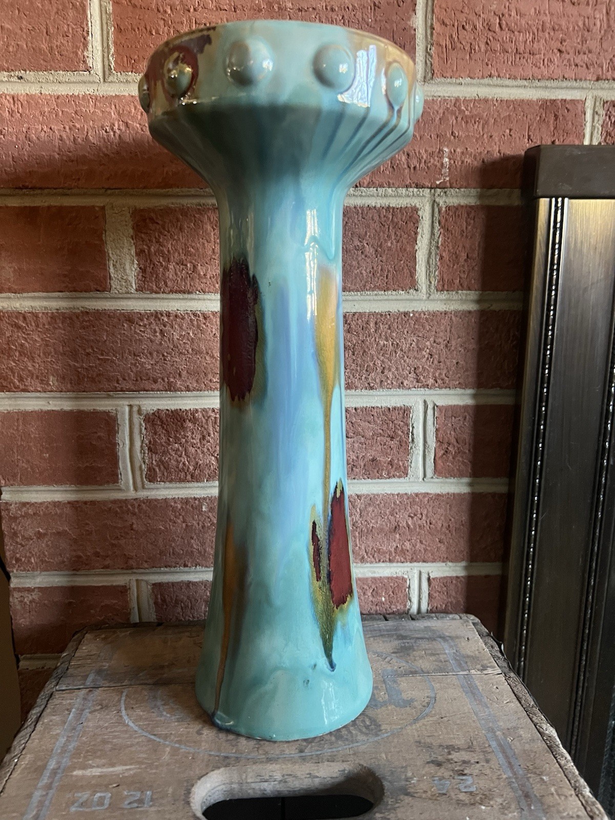 Large MCM Style Teal Drip Glaze Ceramic Pedestal Candle Holder 14” inch