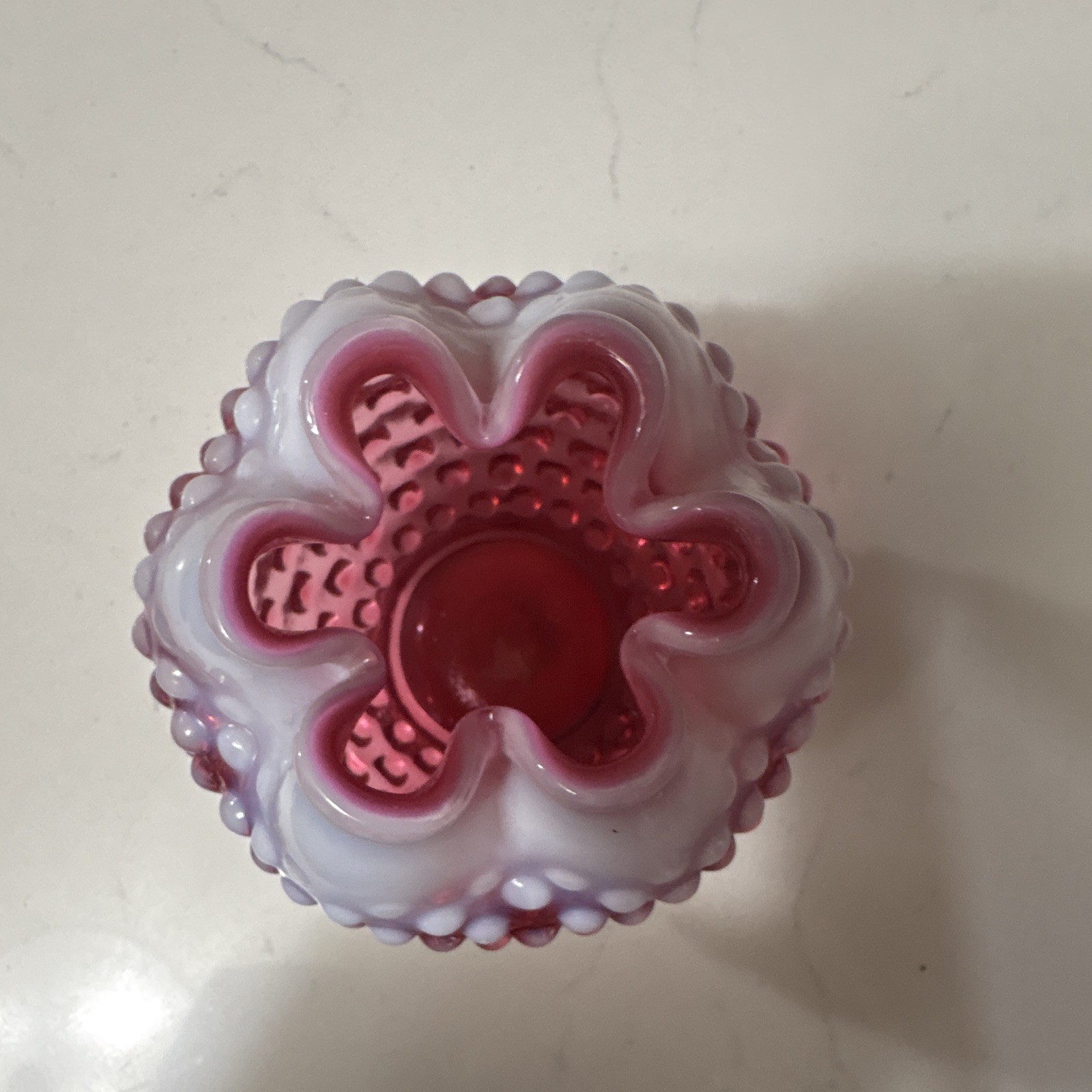 Fenton Pink & White Hobnail Pattern Glass Vase, Flared Ruffle Rim