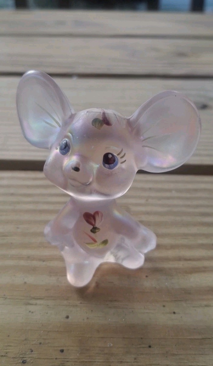 Vintage Fenton Pink Opalescent Glass Mouse Hand Painted, Signed