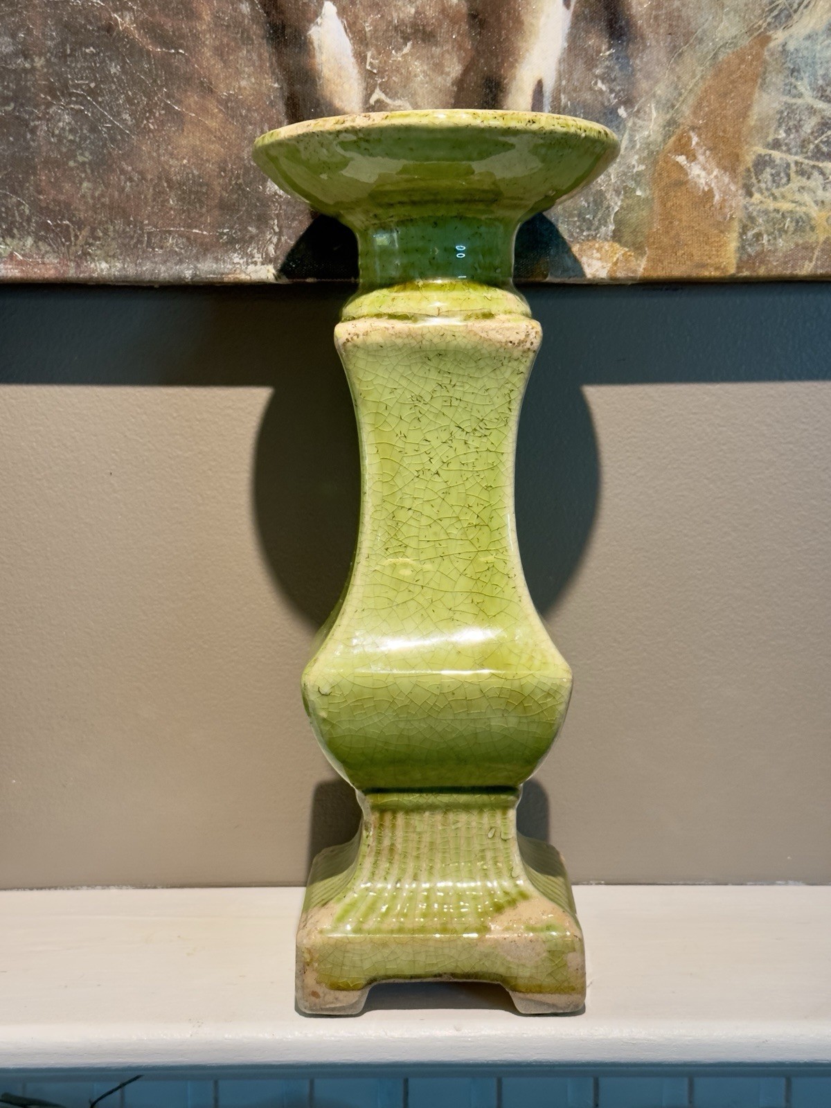 Chartreuse Chunky Green Crackle Glazed Ceramic Pillar Candle Holder 12.5″