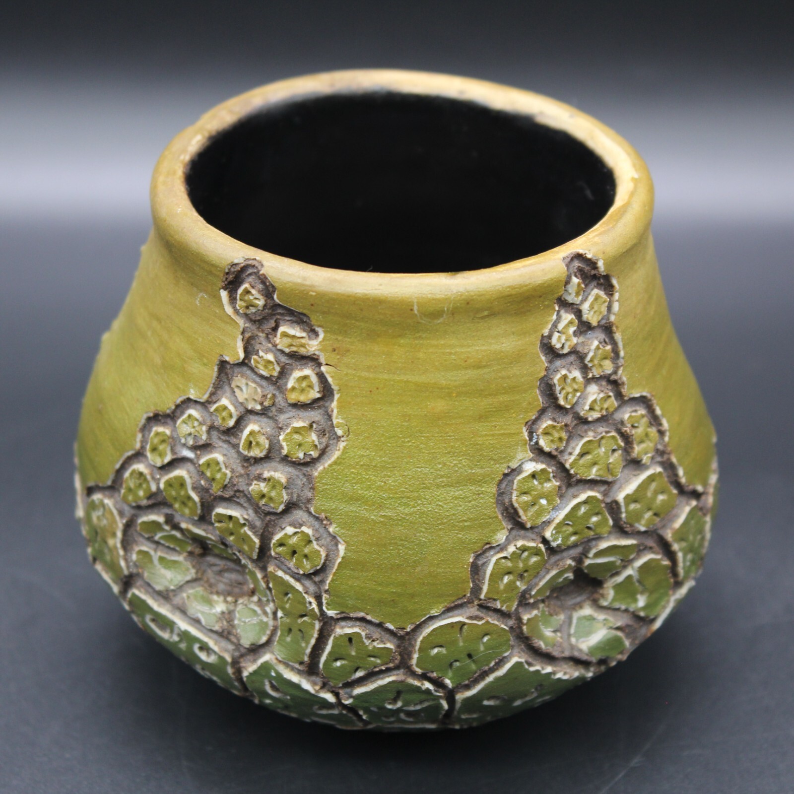 Studio Raku Art Pottery Vase / Planter Prickly Pear Cactus Incised Design 3″