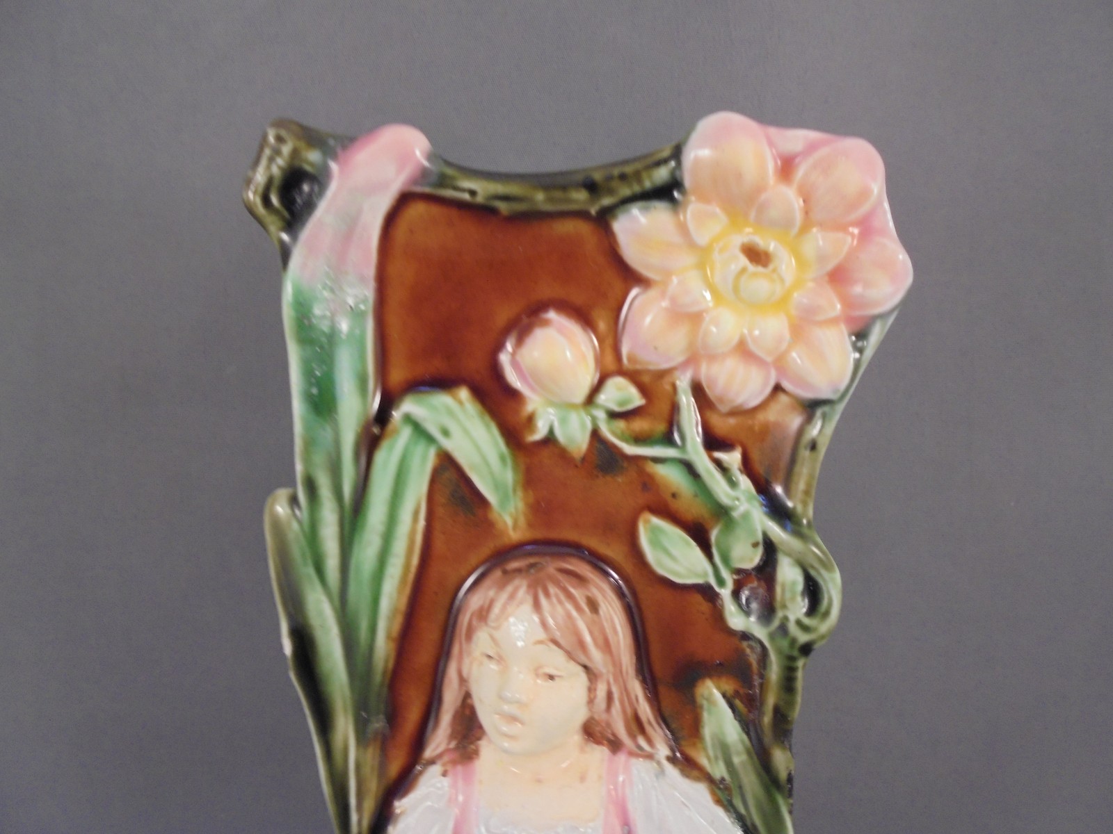 Antique Art Nouveau Majolica Girl w Mandolin Vase 7 1/2″