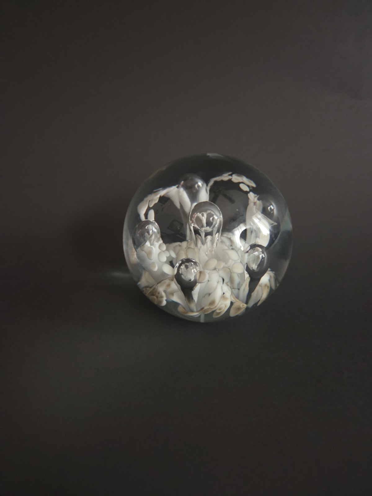 Vintage HandBlown Clear Glass Paperweight with Controlled Bubbles, White Brown