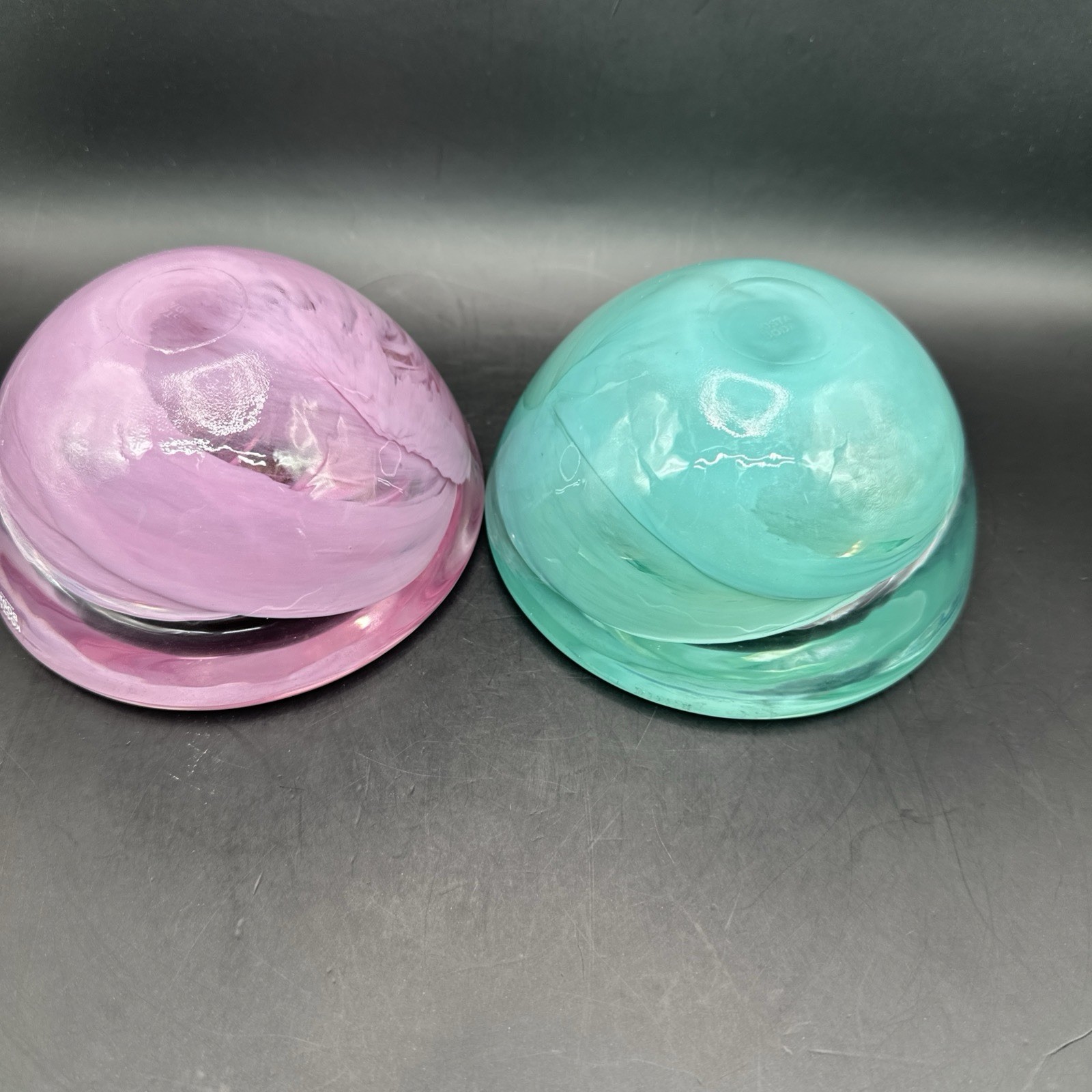 Kosta Boda Atoll Candle Holder Art Glass Pink & Green Lot of 2 Sweden Swirl