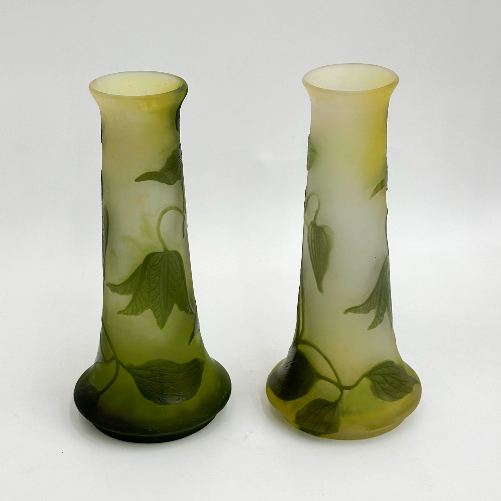 Pair Emile Galle France Acid Etched Cameo Art Glass Vases Clematis Florals c1900