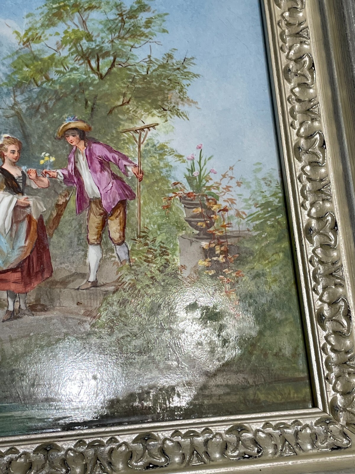 2 Antique hand painted Continental porcelain 8×8 TILE PLAQUE Victorian Romance