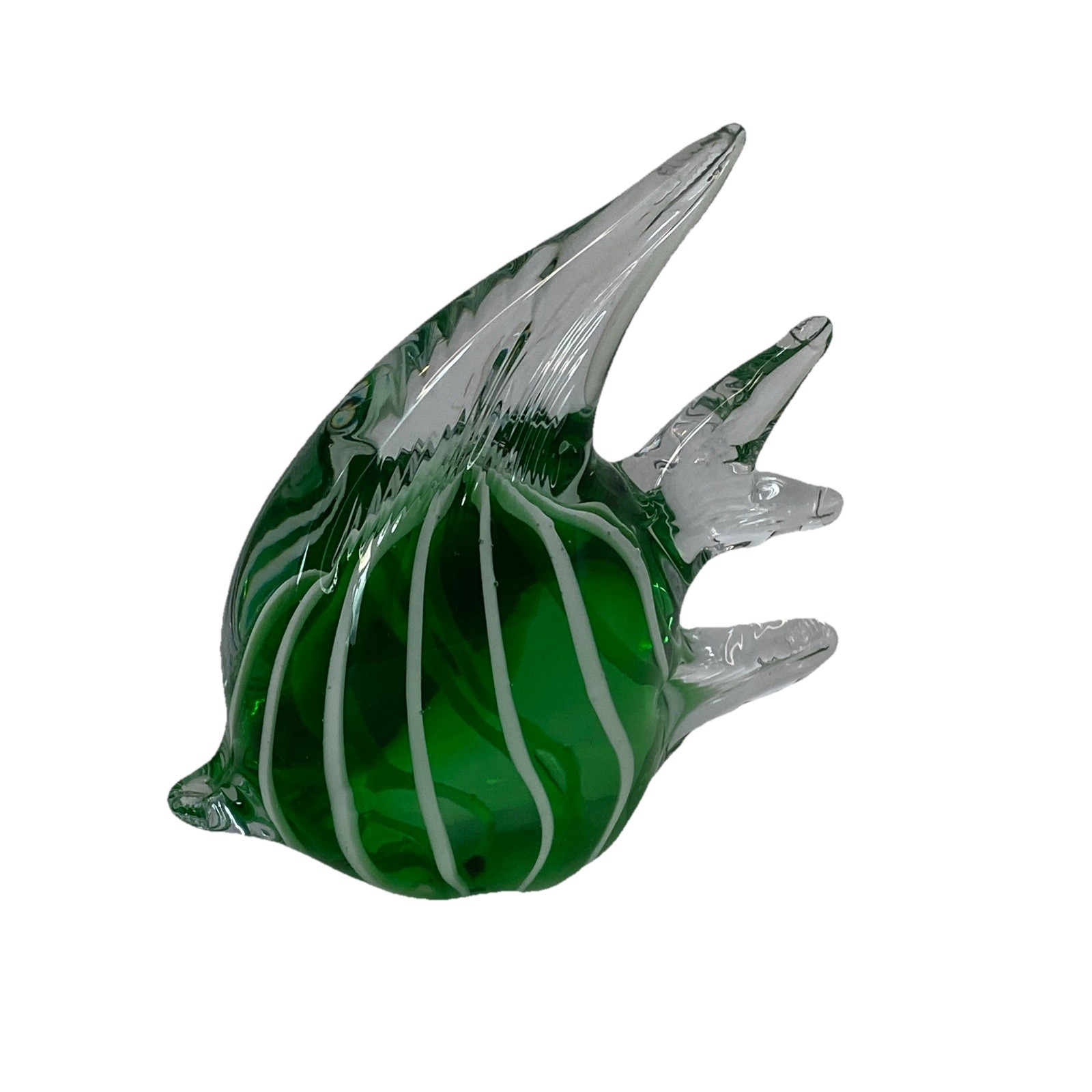 Vintage Murano Style Art Glass Tropical Angelfish Figurine Green White Striped