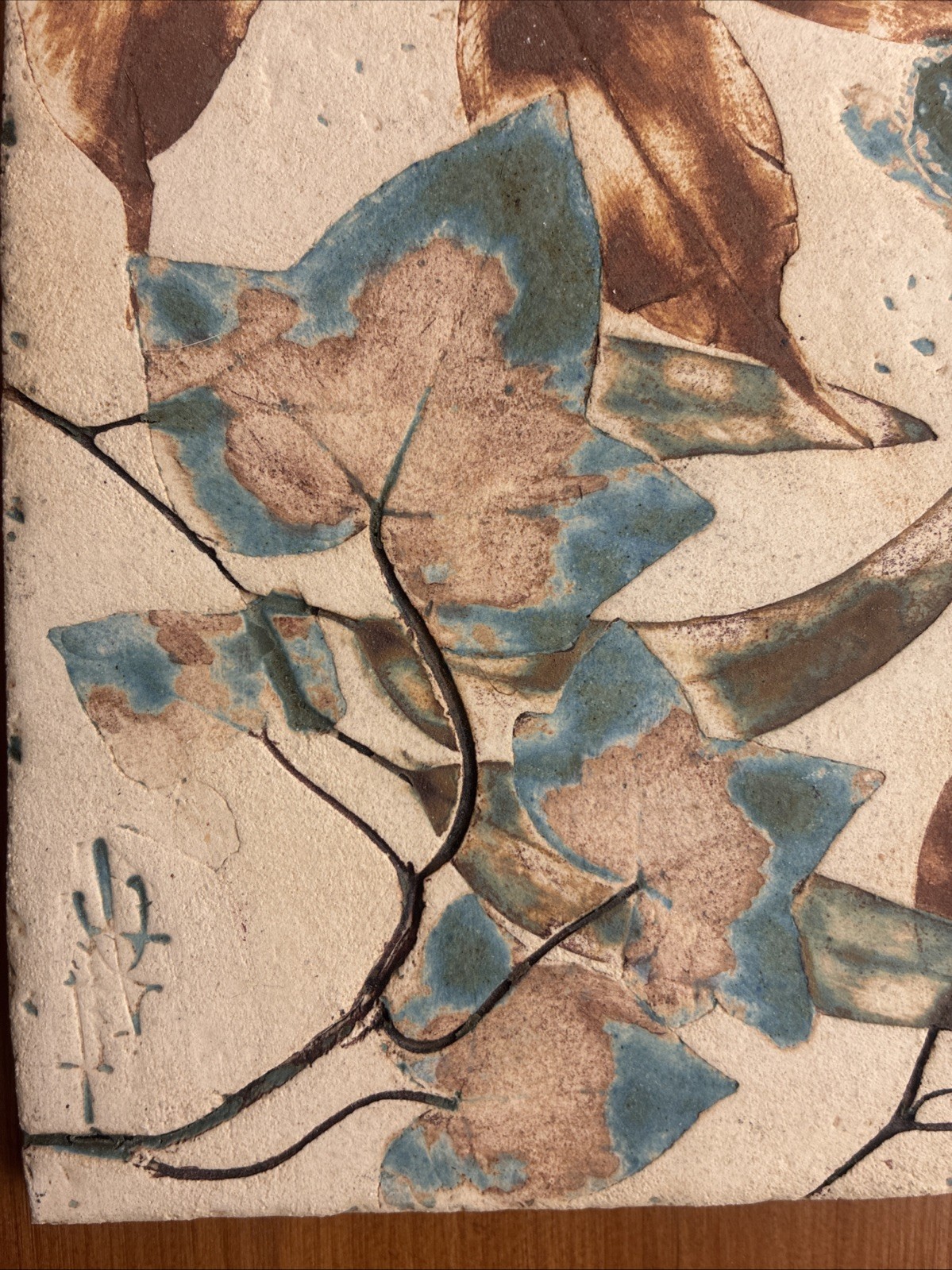 Vintage Mid Century Studio Pottery Botanical Tile Wall Plaque Signed Handmade
