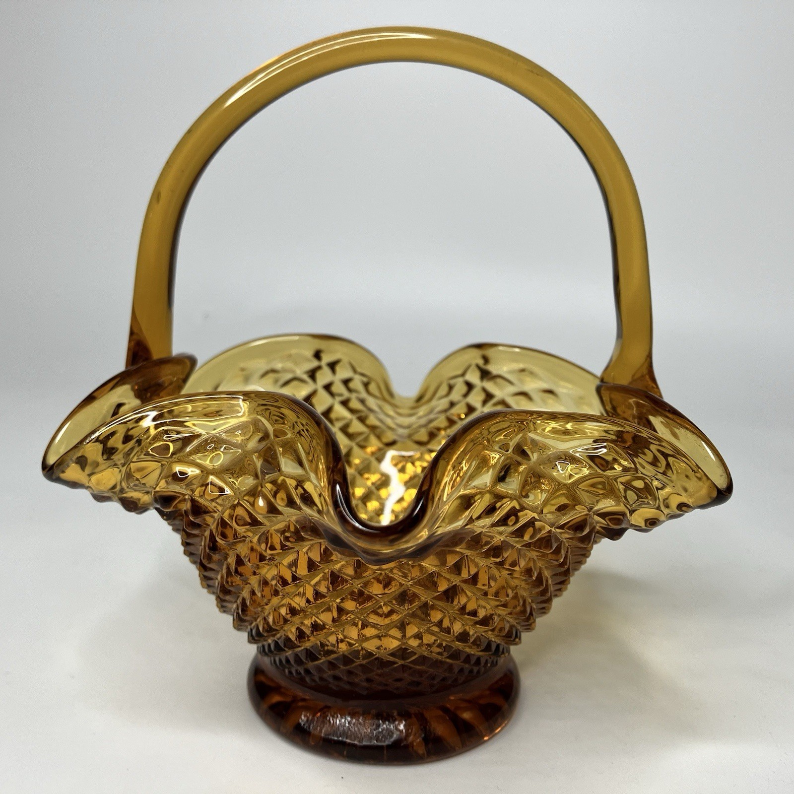 Vtg Amber Indiana Art Glass Basket Diamond Point Applied Handle Approx 6″ tall