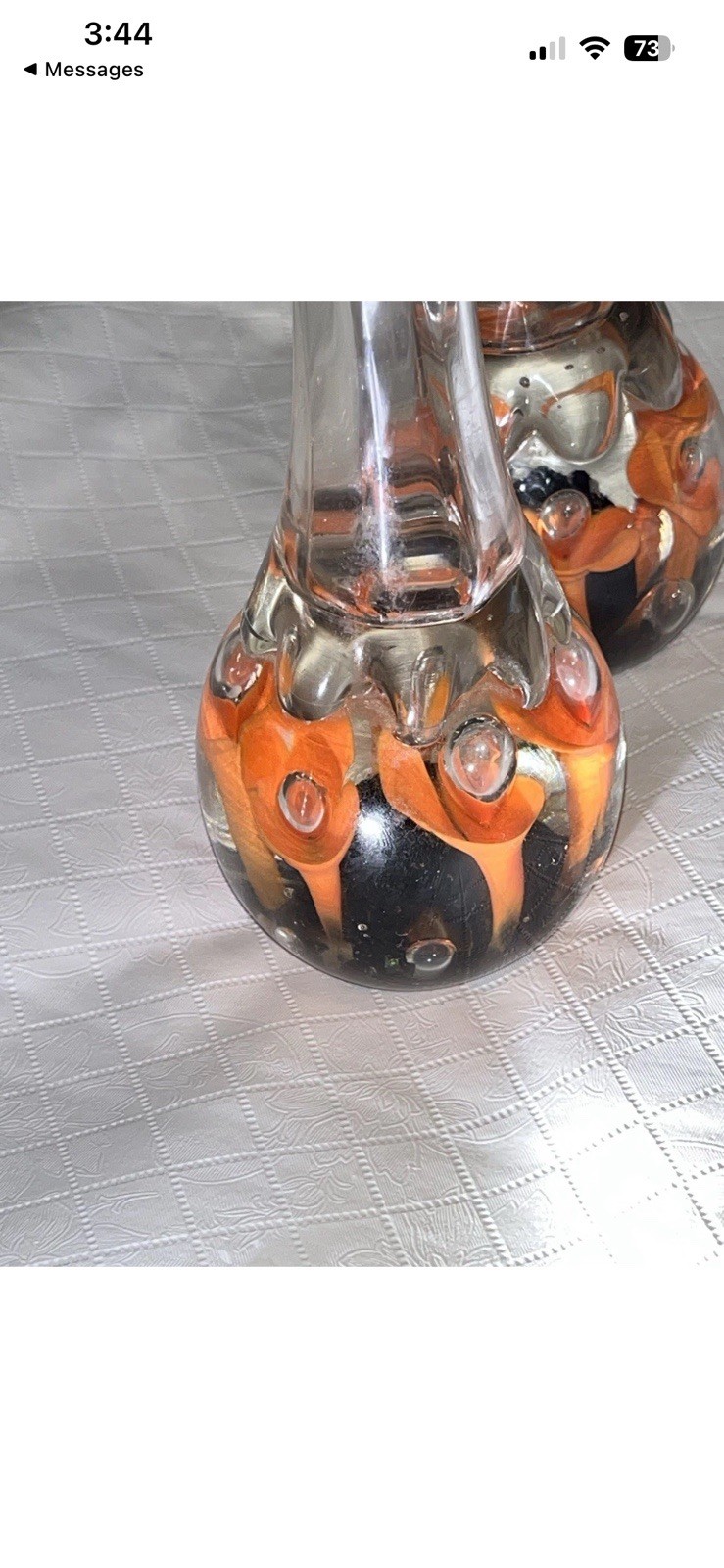 Pair Matching Joe Rice Vtg Art Glass Paperweight Bud Vase Clear Orange Flowers