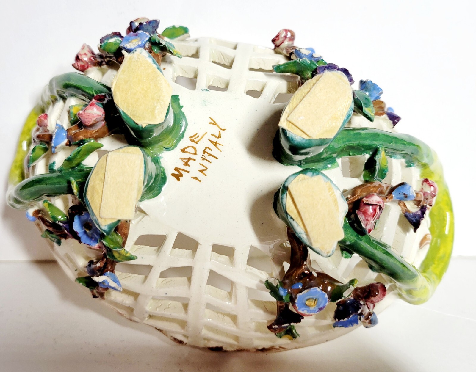 VTG Italian Handmade Hand-painted Reticulated Porcelain Basket with Flowers